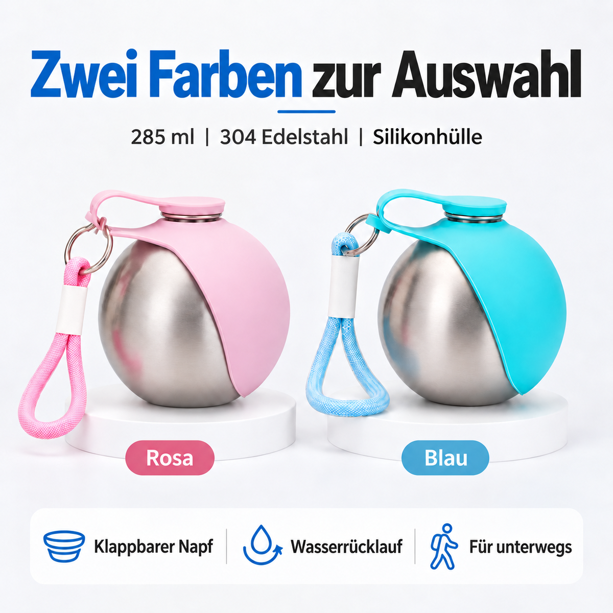 Trinkflasche für Hunde mit klappbarem Silikonnapf – Edelstahl, Wasserrücklauf & Trageschlaufe, Blau oder Rosa