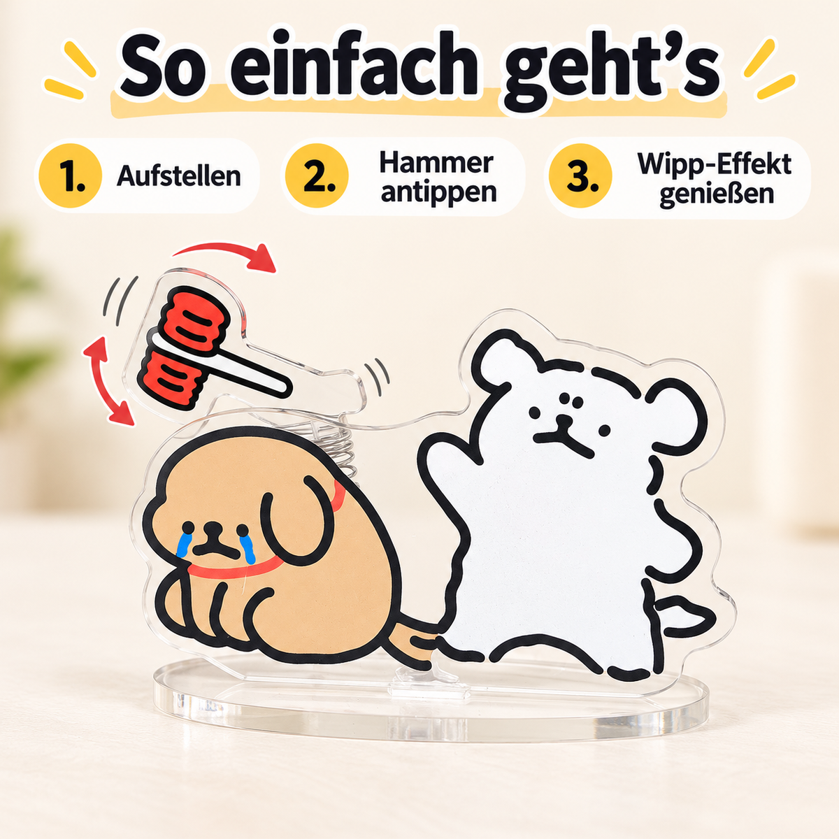 Lustige Wipp-Deko mit Feder-Effekt – Mini-Aufsteller für den Schreibtisch, Schäferhund & Adler oder Bär & Hund, ca. 7,5 × 3,5 cm