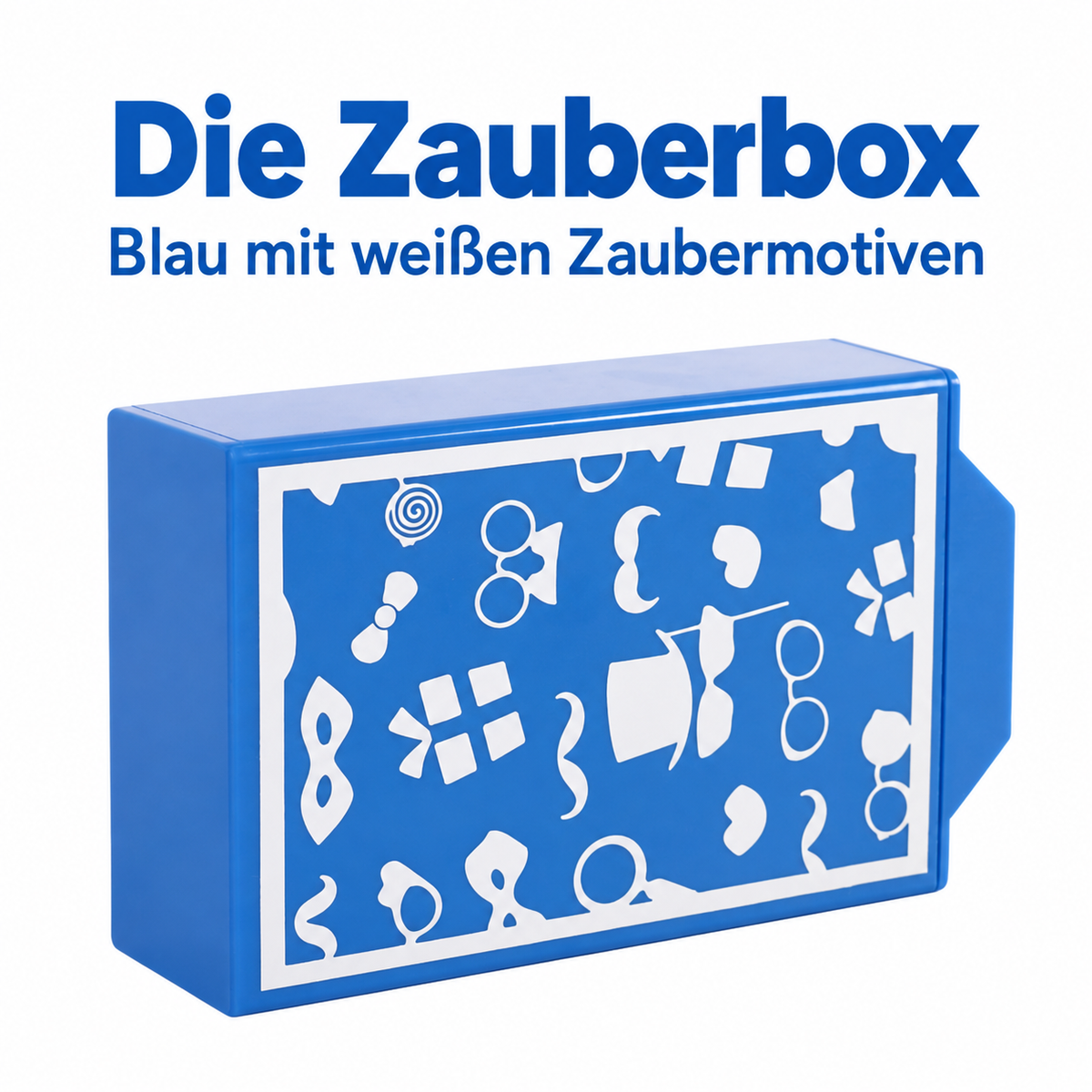 Zauberbox – Magische Schubladenbox für Erscheinungs- und Verschwindetricks, Magic Drawer Box, blaues Zauberzubehör mit weißen Motiven