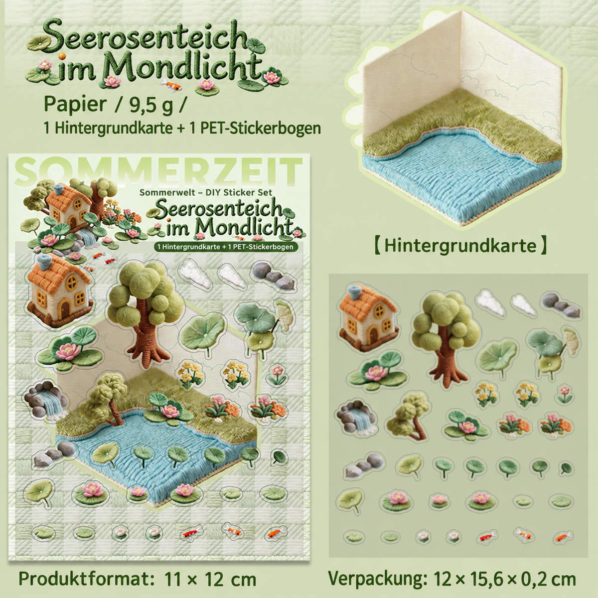 DIY Sticker Set in Stickerei-Optik, selbstklebende PET Aufkleber mit Hintergrundkarte, Miniatur-Szene zum Selberkleben nach Bildvorlage, Bastelset für kreative Auszeiten Sticker-Collage mit Frühlings- und Sommermotiven, Geschenk für Bastelfans 11 x 12 cm