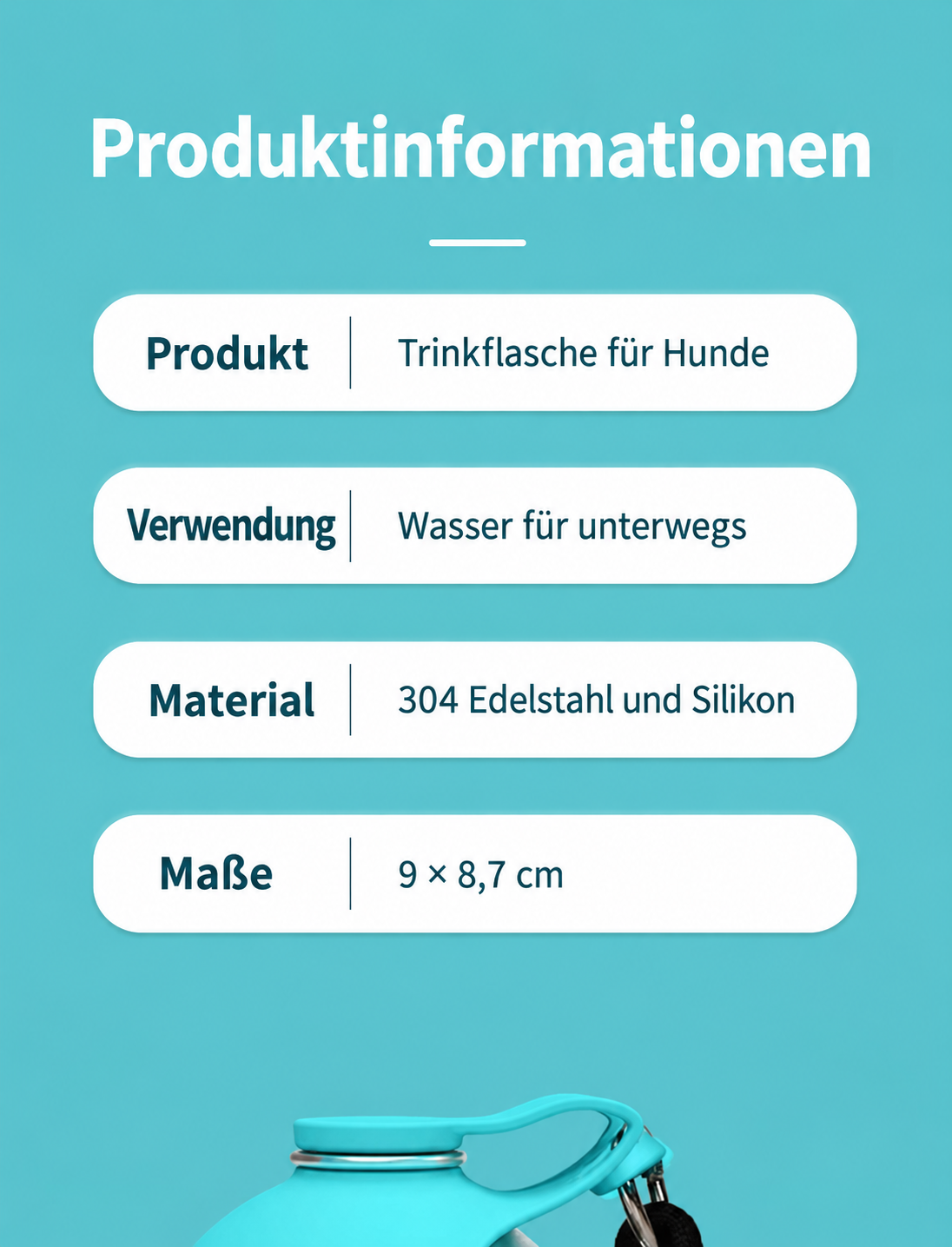 Trinkflasche für Hunde mit klappbarem Silikonnapf – Edelstahl, Wasserrücklauf & Trageschlaufe, Blau oder Rosa