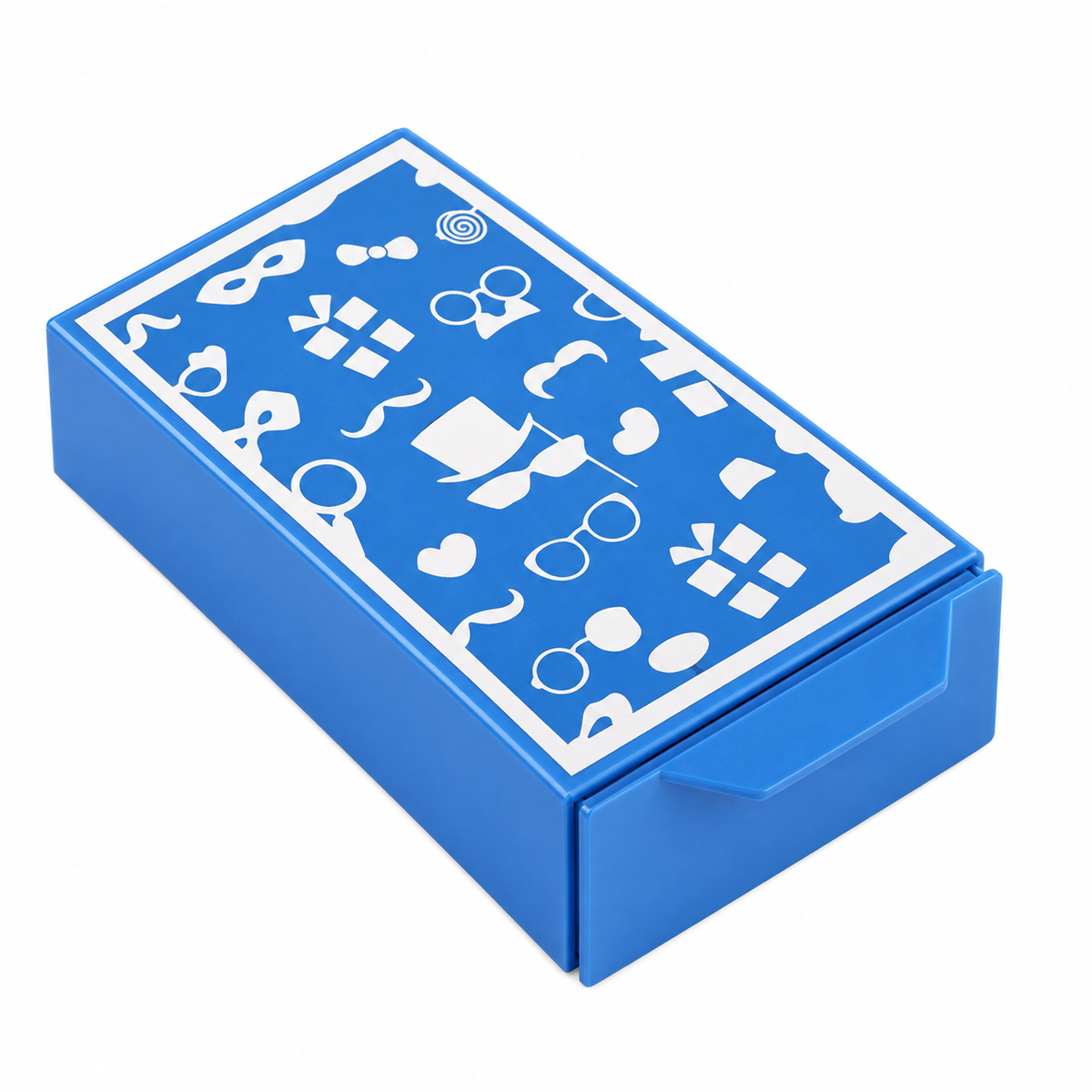 Zauberbox – Magische Schubladenbox für Erscheinungs- und Verschwindetricks, Magic Drawer Box, blaues Zauberzubehör mit weißen Motiven