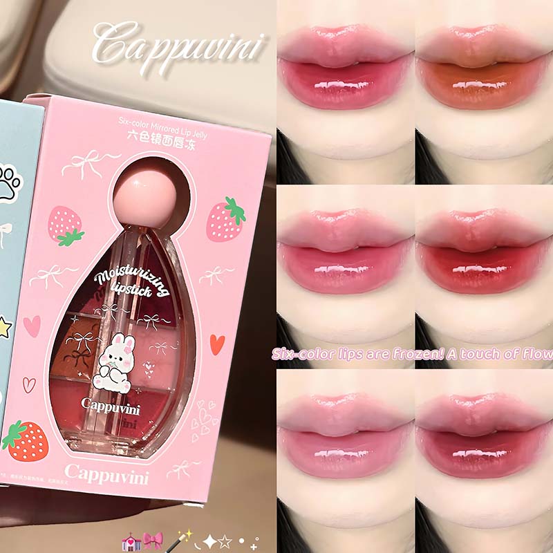 CAPPUVINI Lip Jelly – Lipgloss-Palette mit 6 Farben, Spiegelglanz und Silikon-Applikator, 6 g