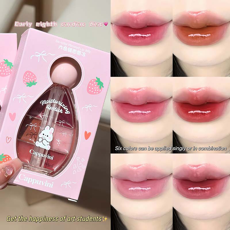CAPPUVINI Lip Jelly – Lipgloss-Palette mit 6 Farben, Spiegelglanz und Silikon-Applikator, 6 g