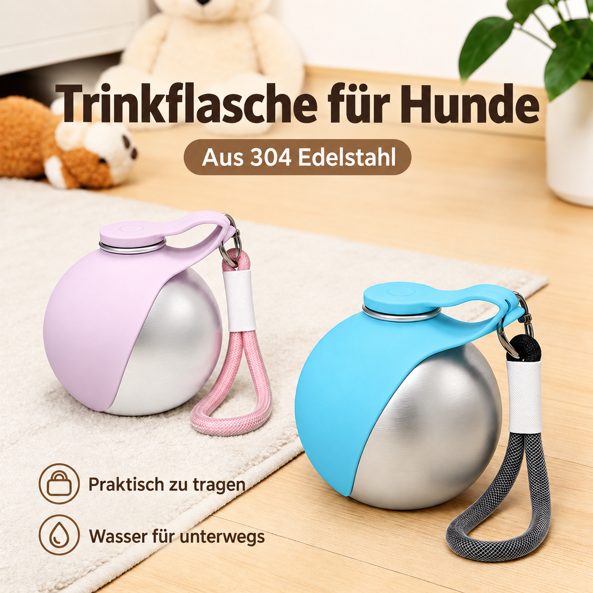 Trinkflasche für Hunde mit klappbarem Silikonnapf – Edelstahl, Wasserrücklauf & Trageschlaufe, Blau oder Rosa