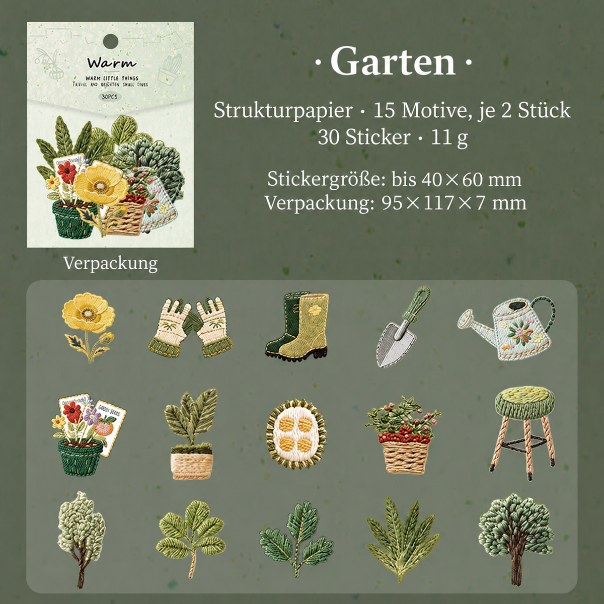 30 Deko-Sticker in Stickerei-Optik, Scrapbooking Aufkleber für Bullet Journal, Tagebuch, Planer und DIY-Collagen – Garten, Bücher, Kaffee, Reisen oder Möbel