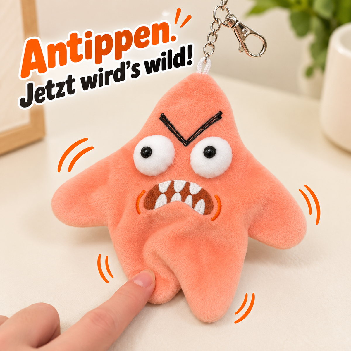 Wütender Seestern Plüsch-Anhänger mit Bewegung und Sound – Angry Starfish, interaktives Zappel-Spielzeug, lustiger Scherzartikel in Orange-Rosa