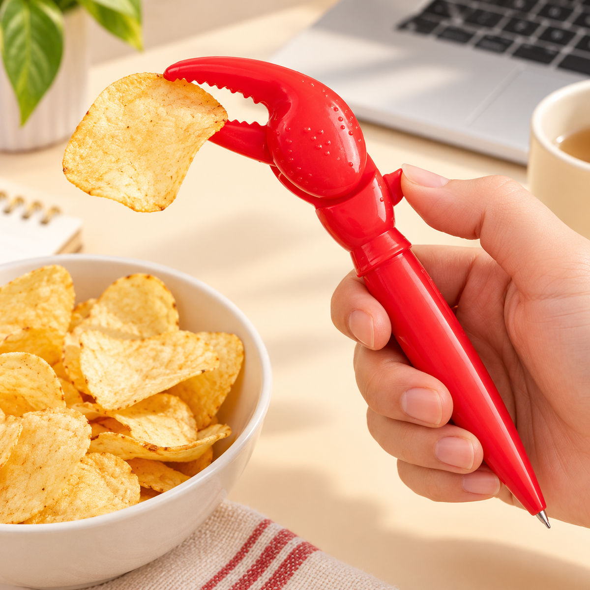 Kugelschreiber mit beweglicher Krabbenschere, rot – Stift mit Snack-Greifer für Chips und kleine Knabbereien, Schere per Knopfdruck schließen und beim Loslassen öffnen, lustige Schreibwaren für Büro, Homeoffice und Uni, Geschenkidee für Schreibtisch-Fans