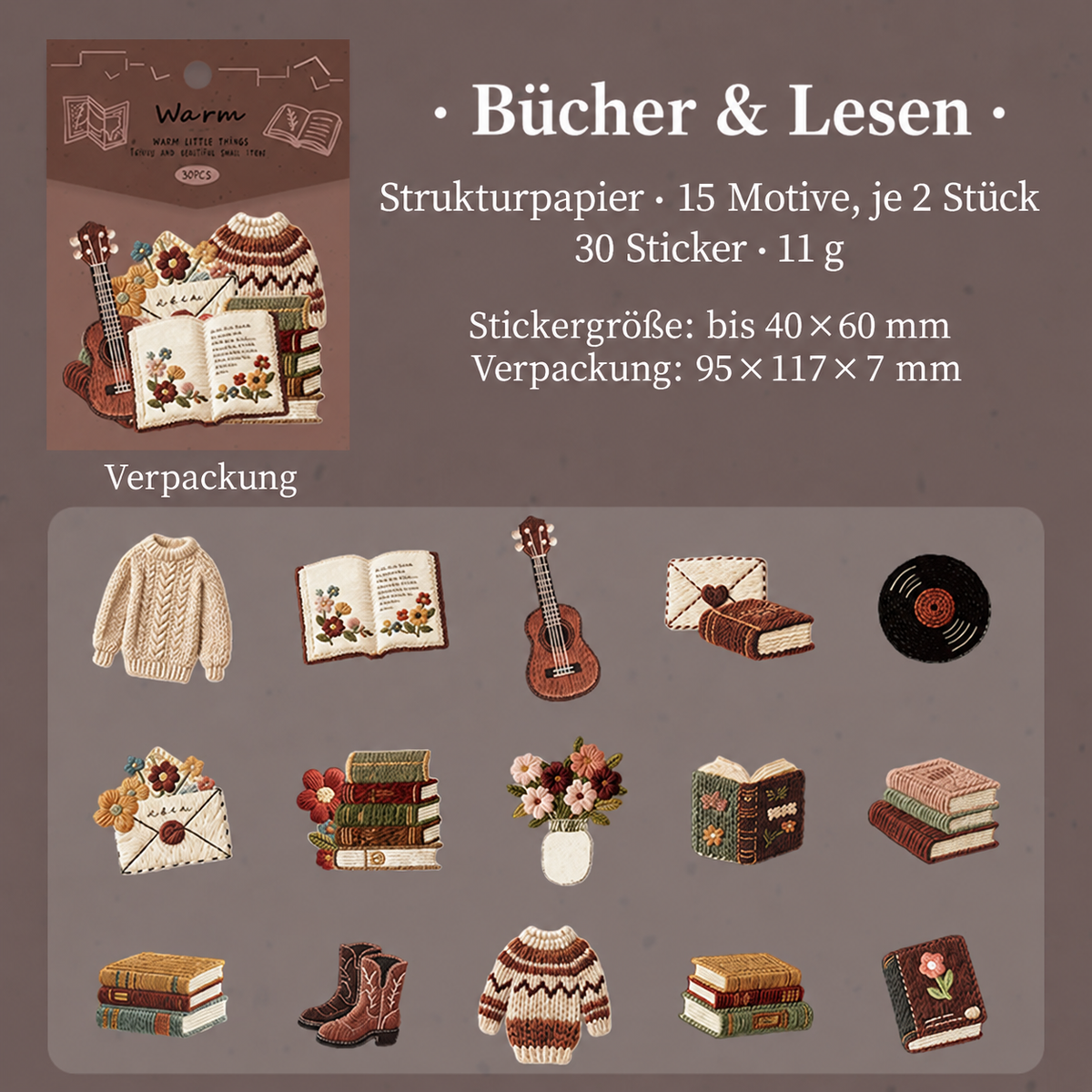 30 Deko-Sticker in Stickerei-Optik, Scrapbooking Aufkleber für Bullet Journal, Tagebuch, Planer und DIY-Collagen – Garten, Bücher, Kaffee, Reisen oder Möbel