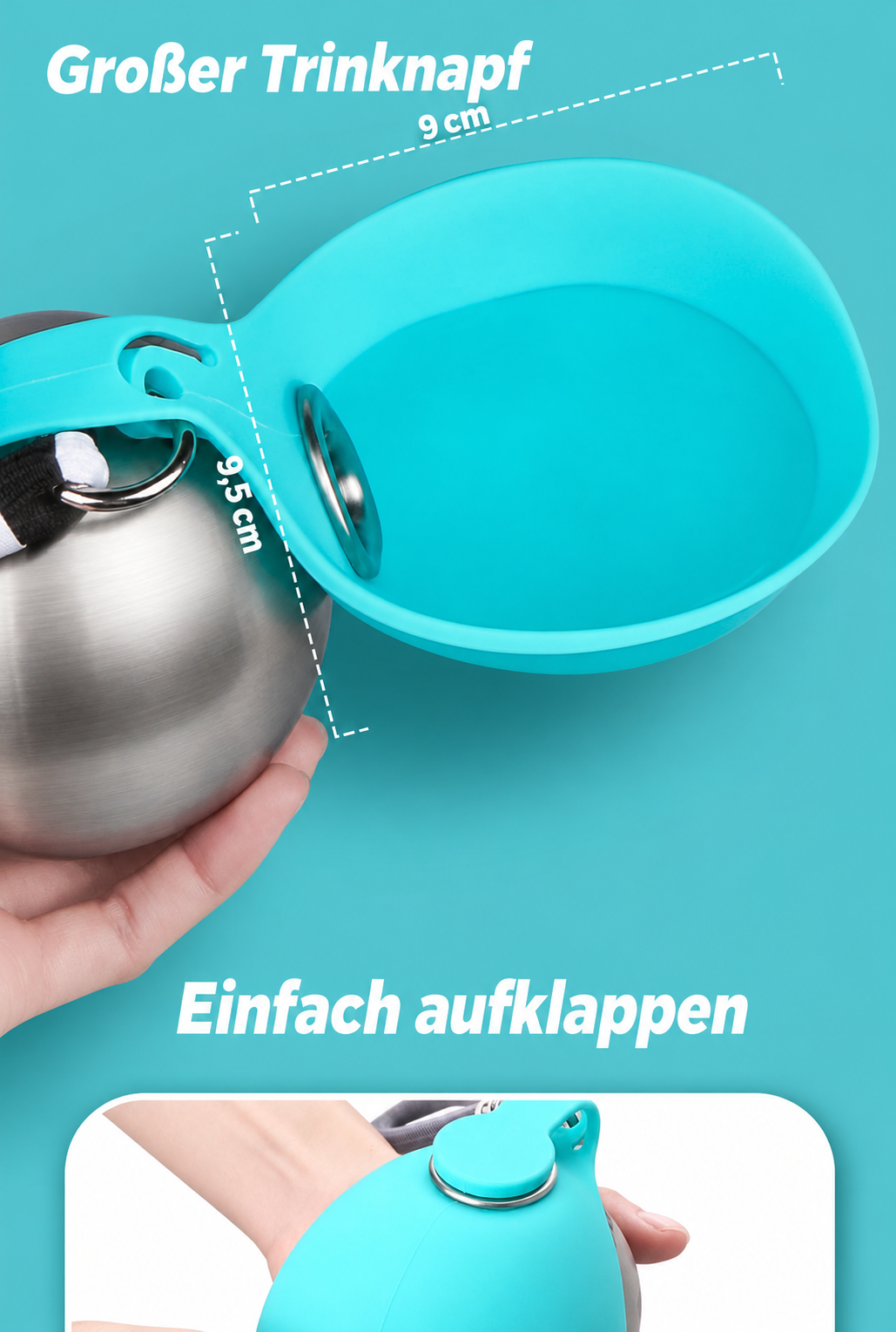 Trinkflasche für Hunde mit klappbarem Silikonnapf – Edelstahl, Wasserrücklauf & Trageschlaufe, Blau oder Rosa