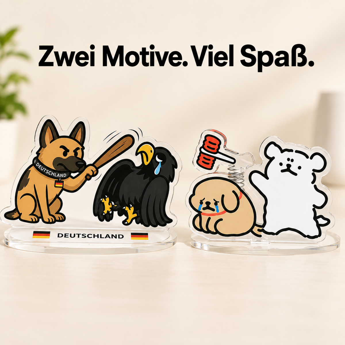 Lustige Wipp-Deko mit Feder-Effekt – Mini-Aufsteller für den Schreibtisch, Schäferhund & Adler oder Bär & Hund, ca. 7,5 × 3,5 cm