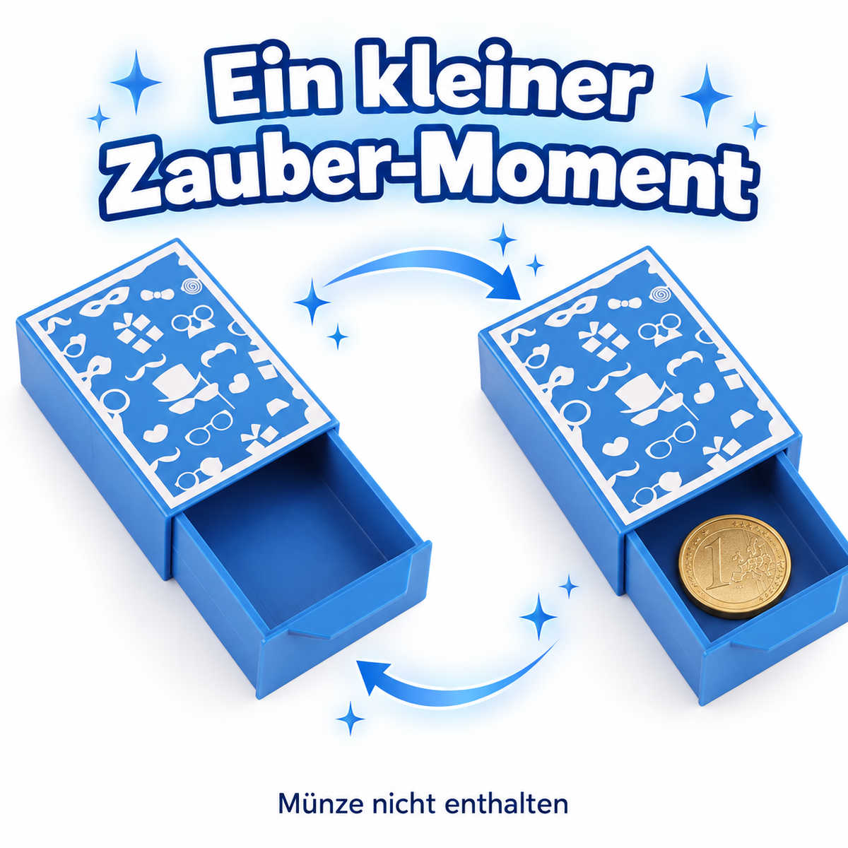 Zauberbox – Magische Schubladenbox für Erscheinungs- und Verschwindetricks, Magic Drawer Box, blaues Zauberzubehör mit weißen Motiven