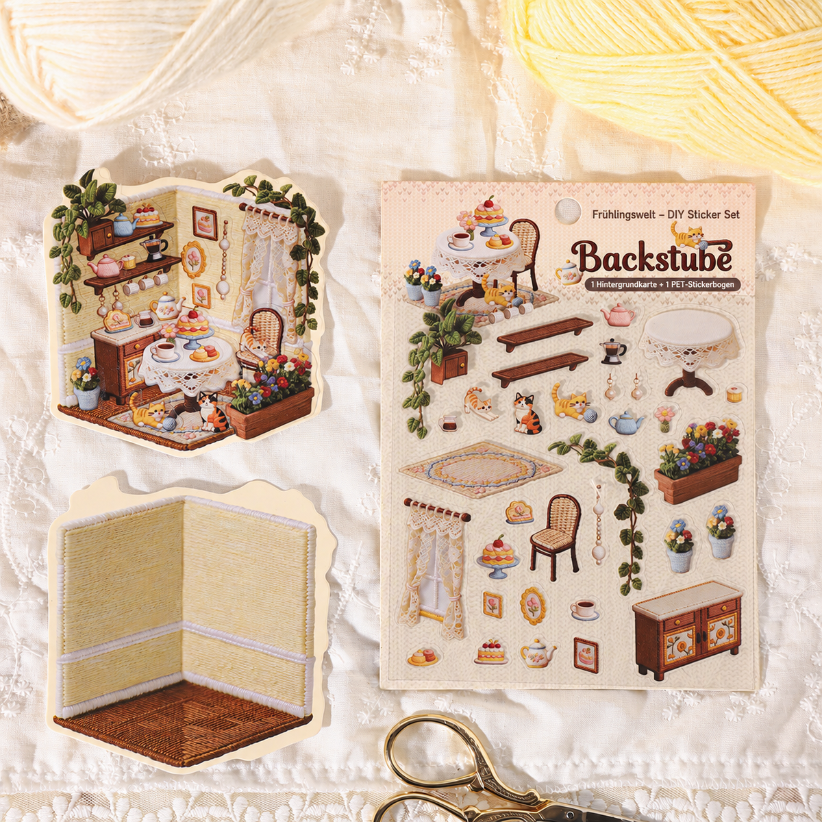 DIY Sticker Set in Stickerei-Optik, selbstklebende PET Aufkleber mit Hintergrundkarte, Miniatur-Szene zum Selberkleben nach Bildvorlage, Bastelset für kreative Auszeiten Sticker-Collage mit Frühlings- und Sommermotiven, Geschenk für Bastelfans 11 x 12 cm