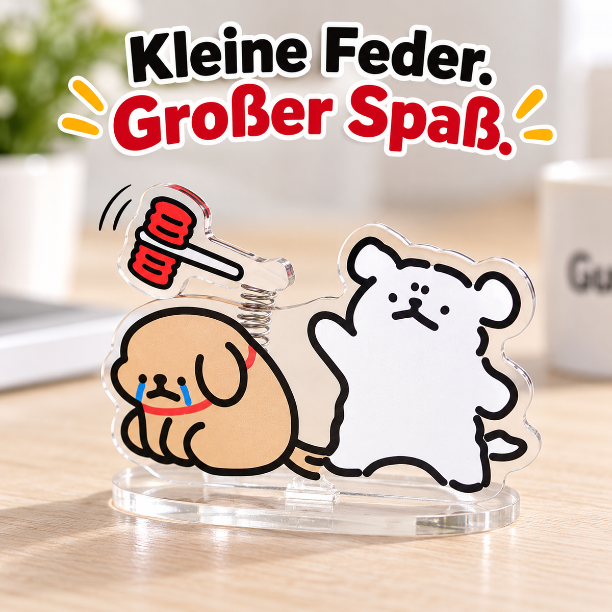 Lustige Wipp-Deko mit Feder-Effekt – Mini-Aufsteller für den Schreibtisch, Schäferhund & Adler oder Bär & Hund, ca. 7,5 × 3,5 cm