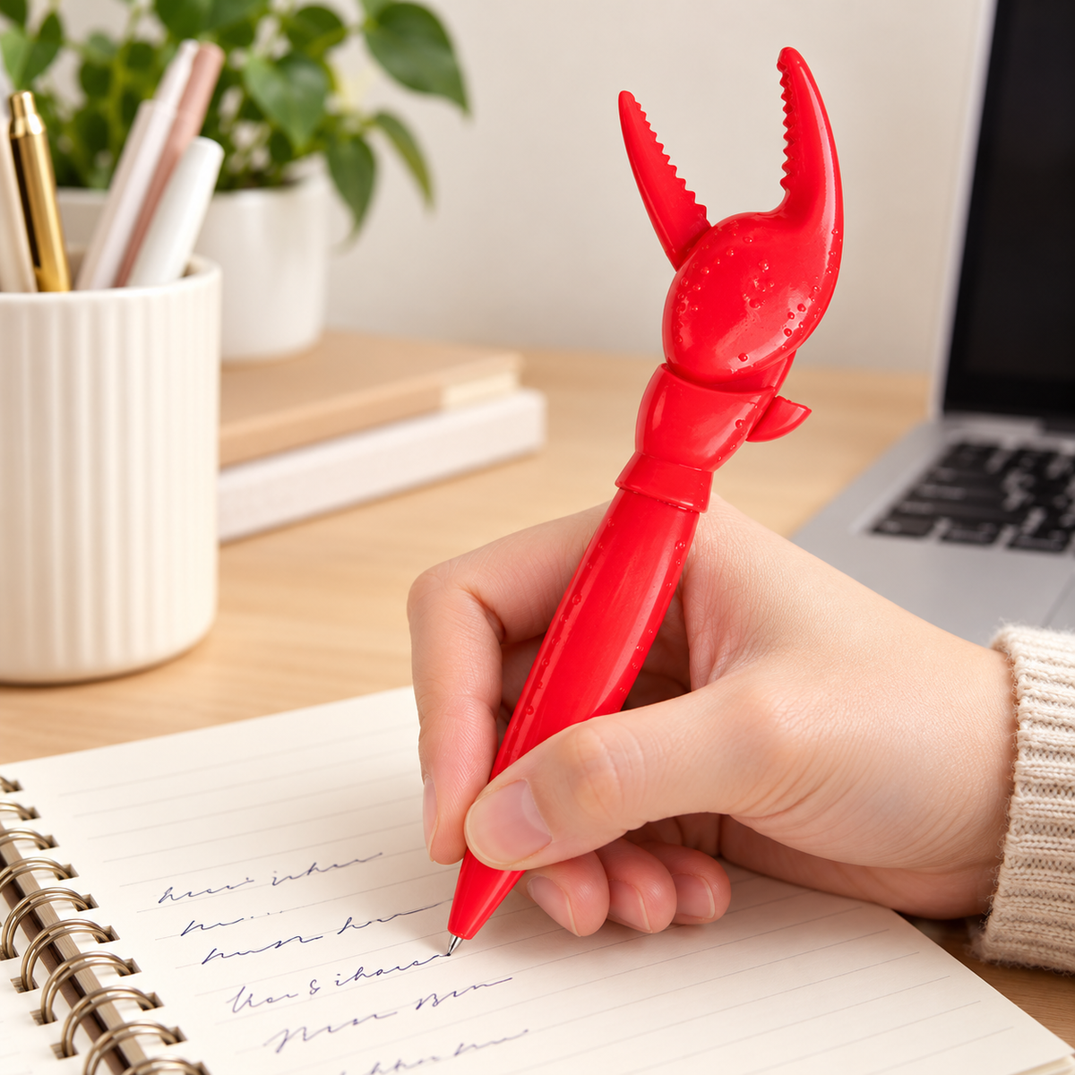 Kugelschreiber mit beweglicher Krabbenschere, rot – Stift mit Snack-Greifer für Chips und kleine Knabbereien, Schere per Knopfdruck schließen und beim Loslassen öffnen, lustige Schreibwaren für Büro, Homeoffice und Uni, Geschenkidee für Schreibtisch-Fans