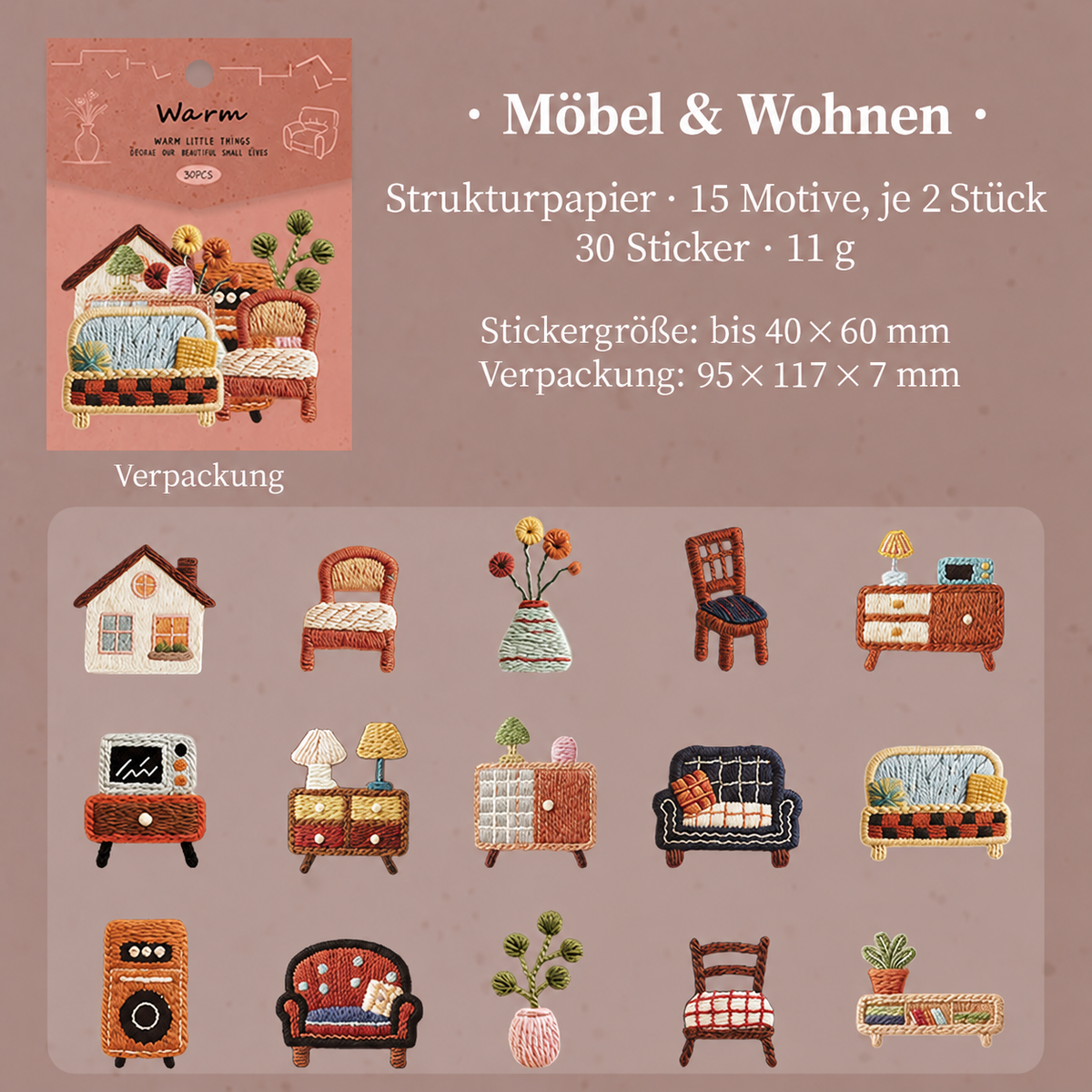 30 Deko-Sticker in Stickerei-Optik, Scrapbooking Aufkleber für Bullet Journal, Tagebuch, Planer und DIY-Collagen – Garten, Bücher, Kaffee, Reisen oder Möbel