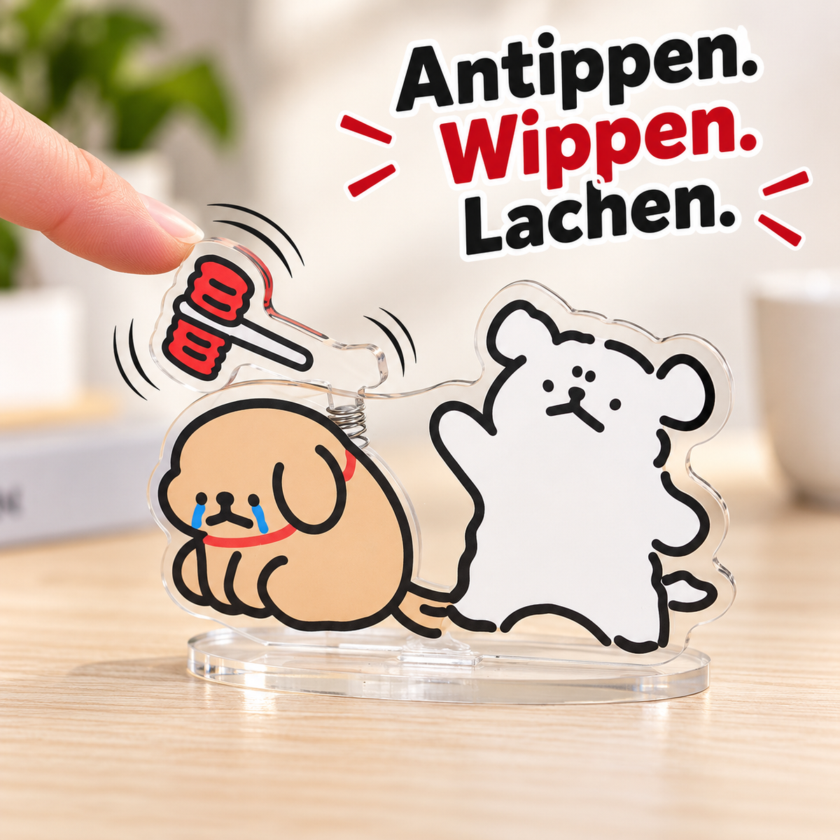 Lustige Wipp-Deko mit Feder-Effekt – Mini-Aufsteller für den Schreibtisch, Schäferhund & Adler oder Bär & Hund, ca. 7,5 × 3,5 cm