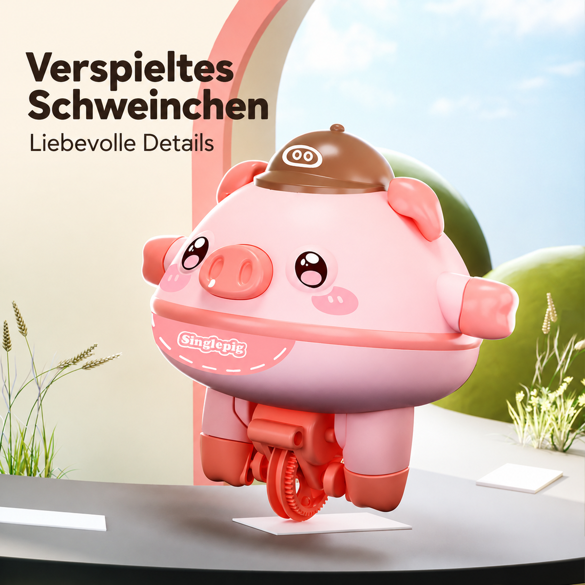 Balance-Schweinchen auf dem Einrad, Balance Pig Spielzeug mit Balancierseil und Startständer, niedliches Schweinchen – Rosa oder Grün