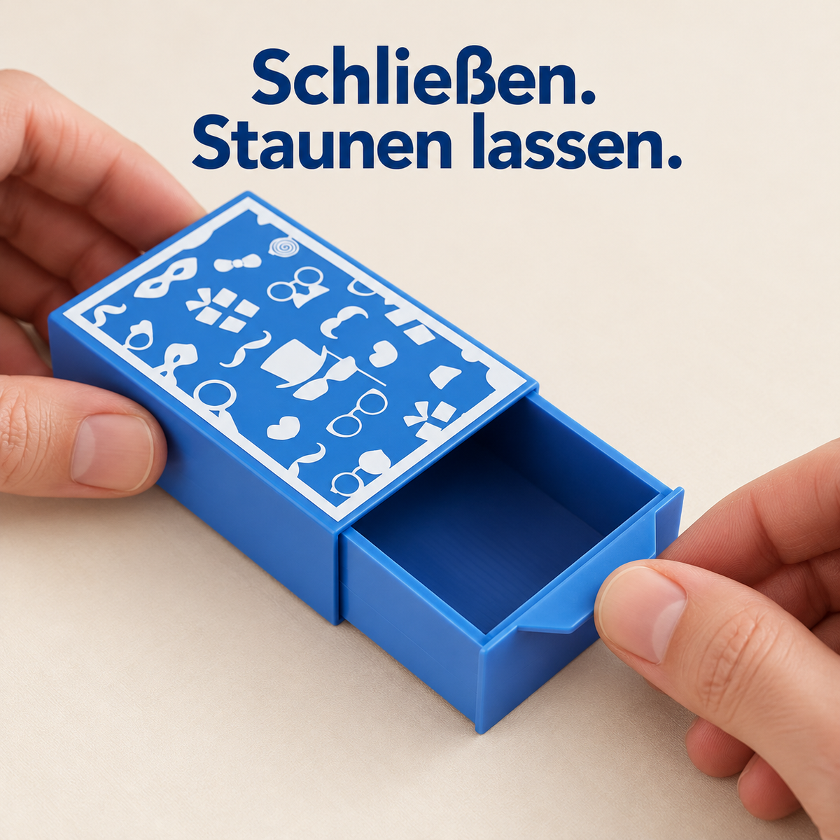 Zauberbox – Magische Schubladenbox für Erscheinungs- und Verschwindetricks, Magic Drawer Box, blaues Zauberzubehör mit weißen Motiven