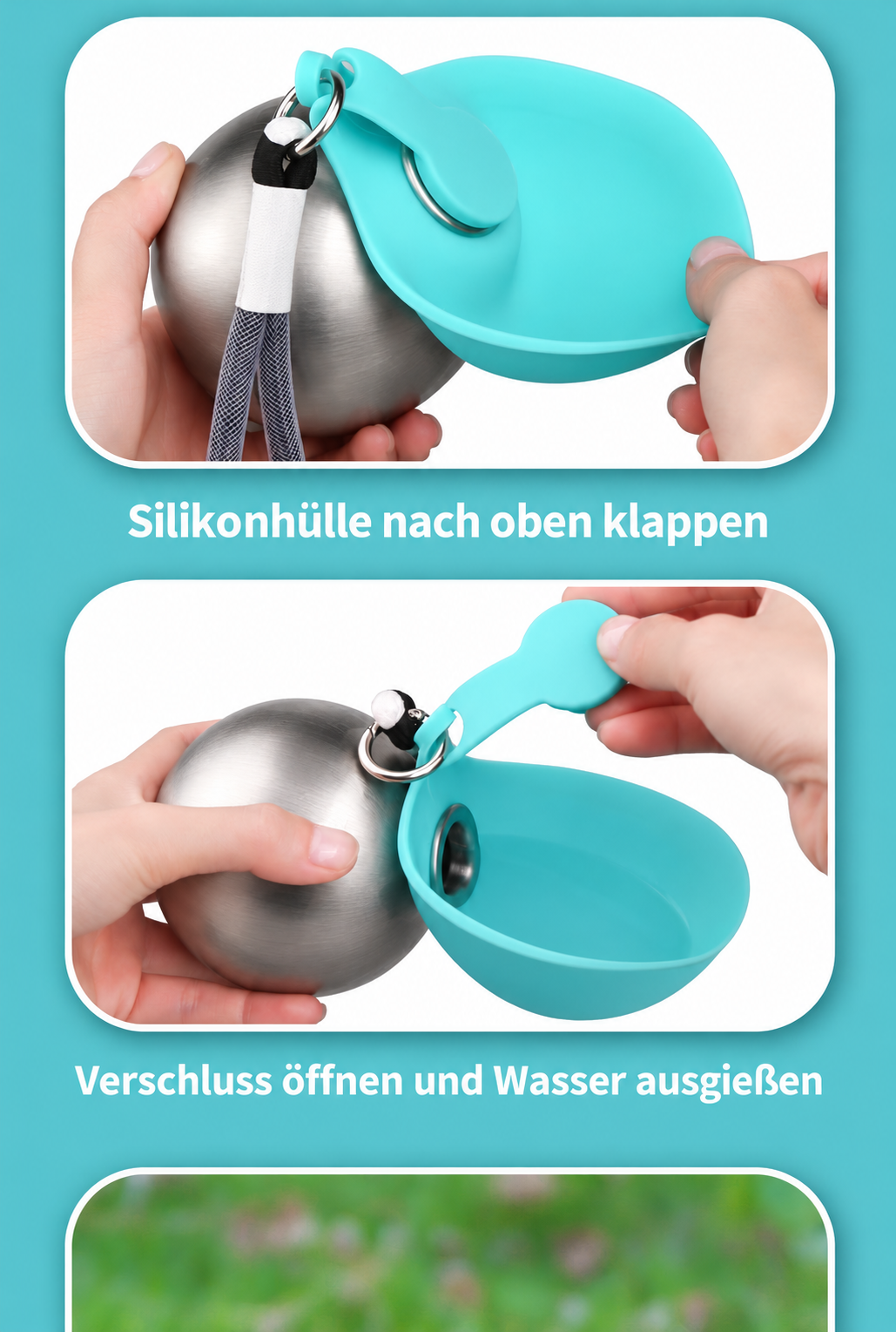 Trinkflasche für Hunde mit klappbarem Silikonnapf – Edelstahl, Wasserrücklauf & Trageschlaufe, Blau oder Rosa