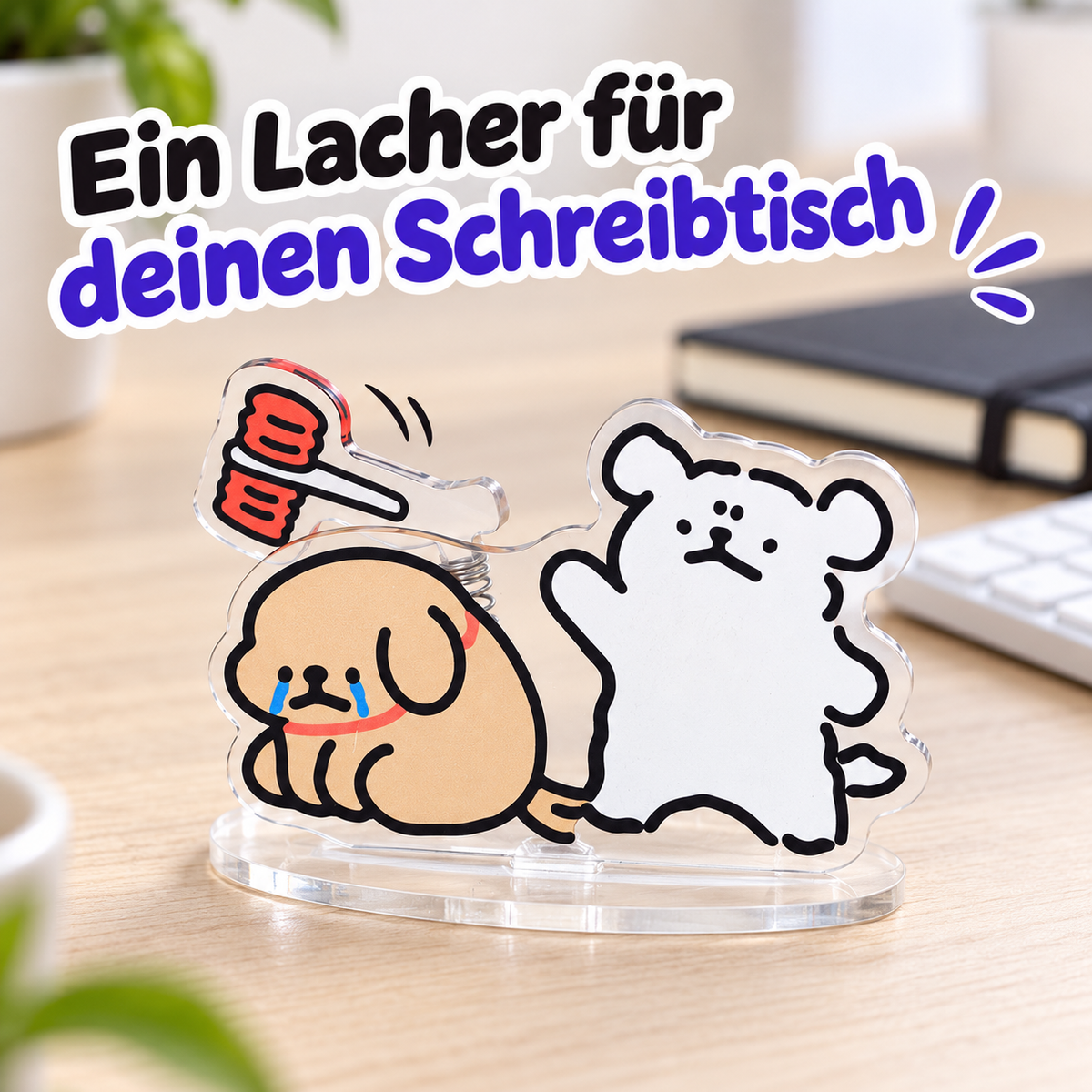 Lustige Wipp-Deko mit Feder-Effekt – Mini-Aufsteller für den Schreibtisch, Schäferhund & Adler oder Bär & Hund, ca. 7,5 × 3,5 cm