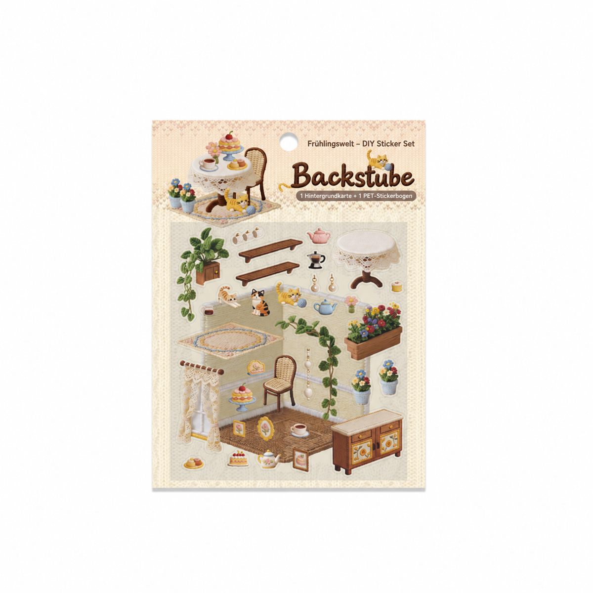 DIY Sticker Set in Stickerei-Optik, selbstklebende PET Aufkleber mit Hintergrundkarte, Miniatur-Szene zum Selberkleben nach Bildvorlage, Bastelset für kreative Auszeiten Sticker-Collage mit Frühlings- und Sommermotiven, Geschenk für Bastelfans 11 x 12 cm