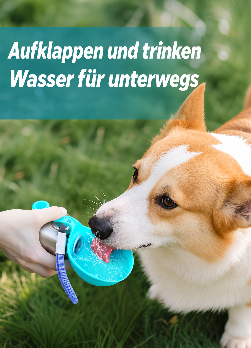 Trinkflasche für Hunde mit klappbarem Silikonnapf – Edelstahl, Wasserrücklauf & Trageschlaufe, Blau oder Rosa