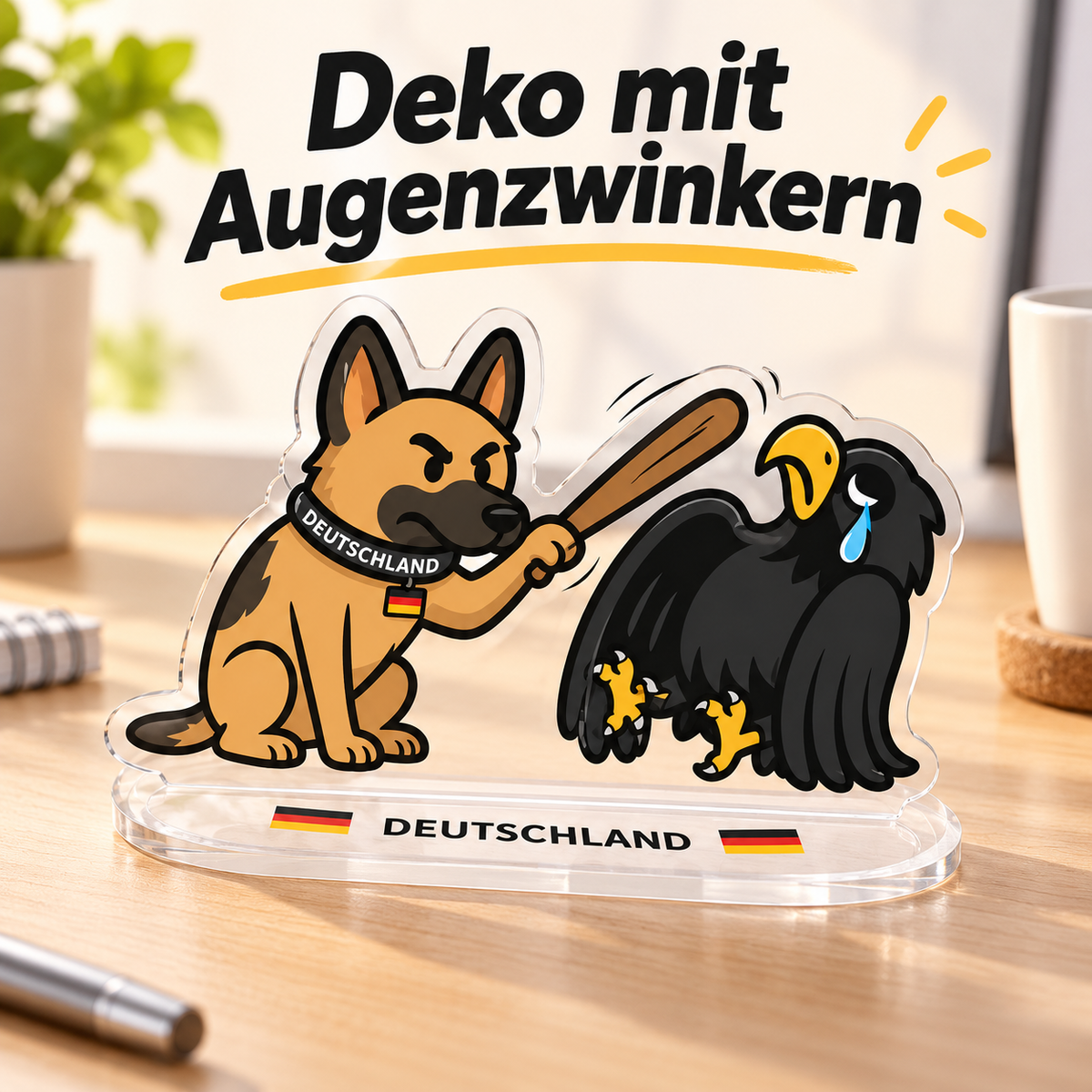 Lustige Wipp-Deko mit Feder-Effekt – Mini-Aufsteller für den Schreibtisch, Schäferhund & Adler oder Bär & Hund, ca. 7,5 × 3,5 cm