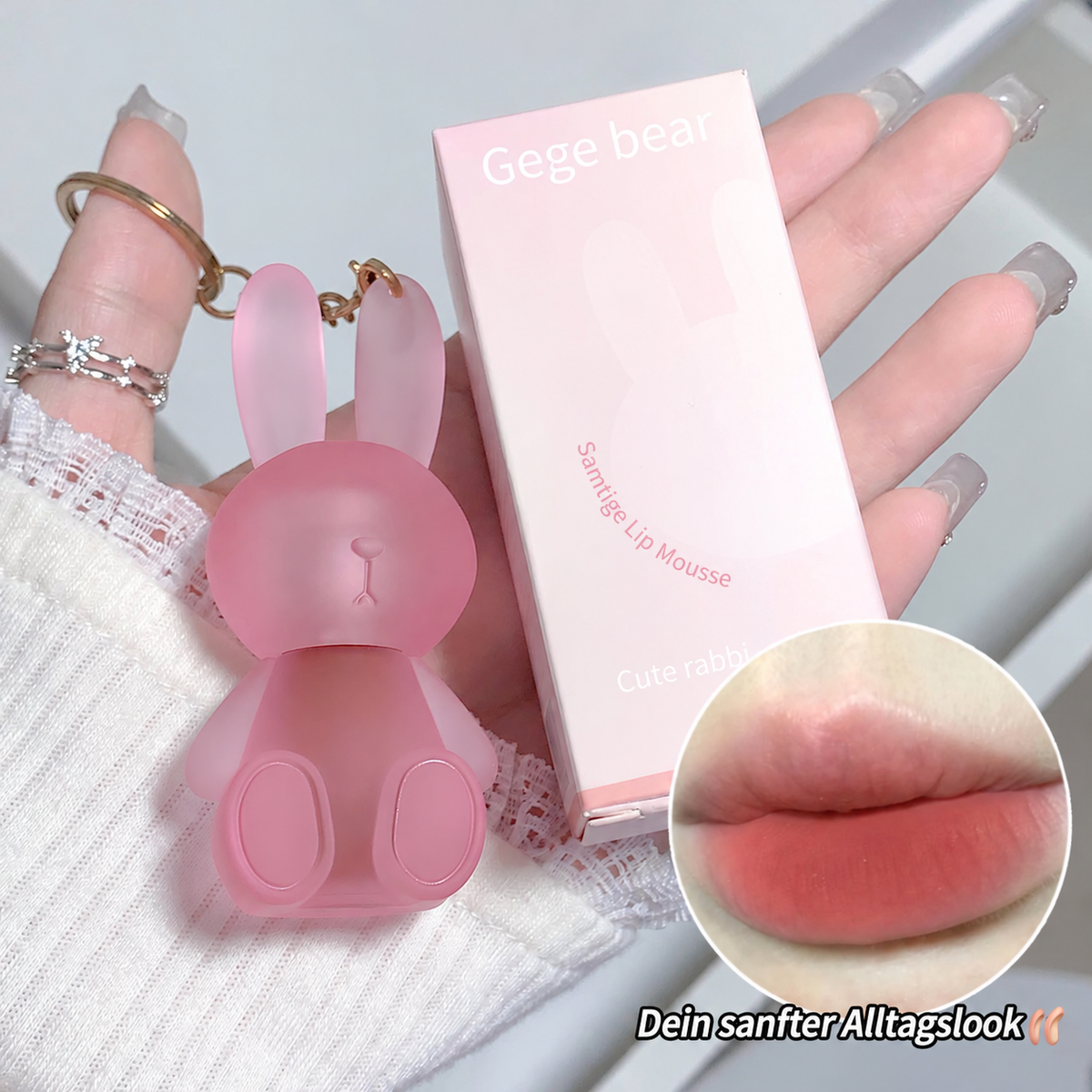 GEGE BEAR Lip Mousse – samtig-matte Lippenfarbe im Hasendesign mit Schlüsselring, für Blurred Lips