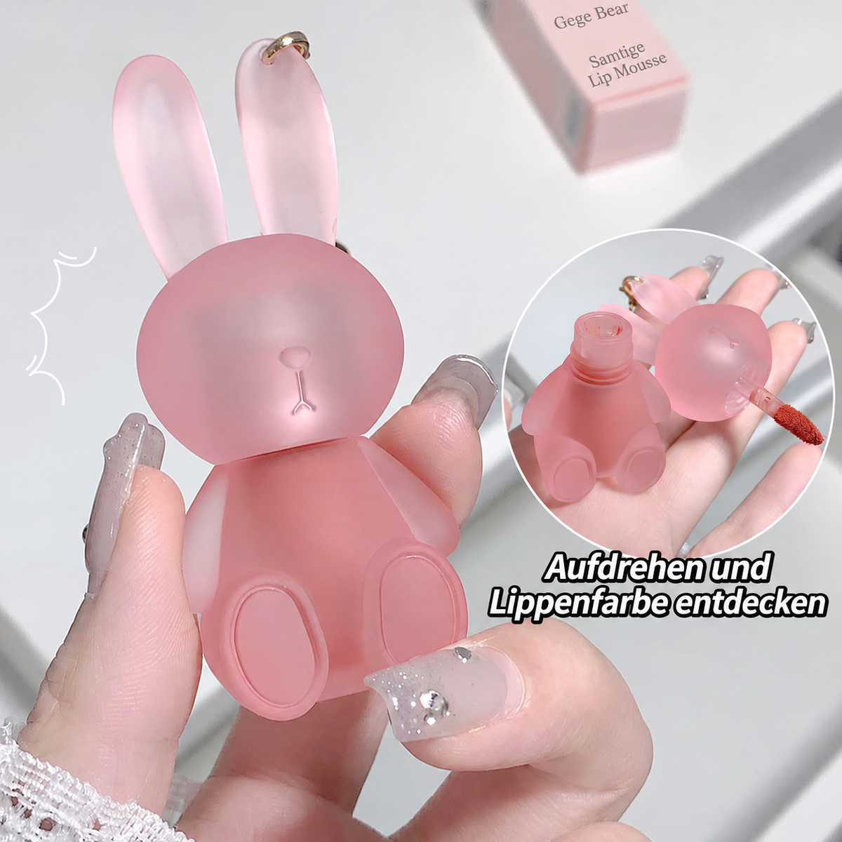 GEGE BEAR Lip Mousse – samtig-matte Lippenfarbe im Hasendesign mit Schlüsselring, für Blurred Lips