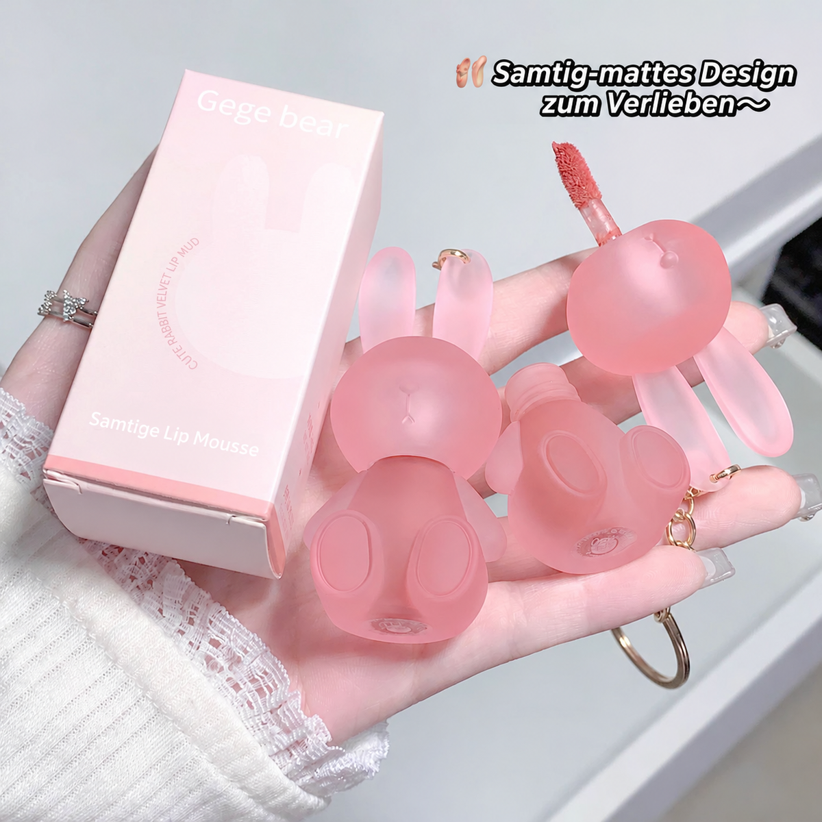 GEGE BEAR Lip Mousse – samtig-matte Lippenfarbe im Hasendesign mit Schlüsselring, für Blurred Lips