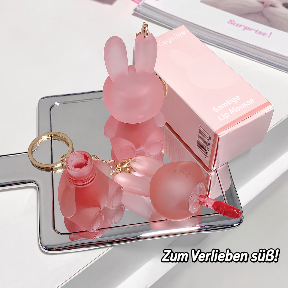 GEGE BEAR Lip Mousse – samtig-matte Lippenfarbe im Hasendesign mit Schlüsselring, für Blurred Lips