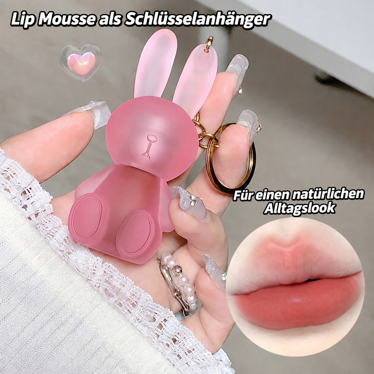 GEGE BEAR Lip Mousse – samtig-matte Lippenfarbe im Hasendesign mit Schlüsselring, für Blurred Lips