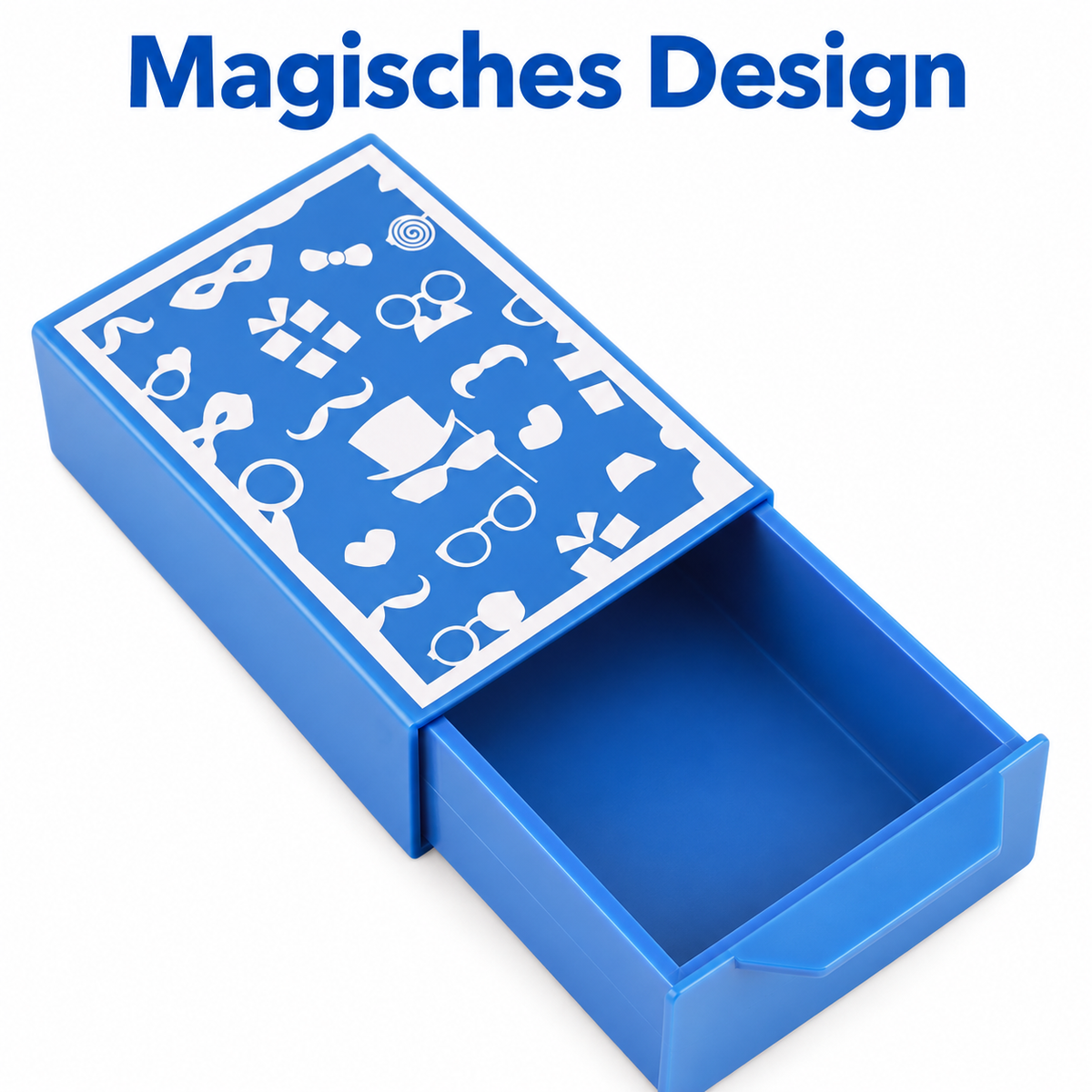 Zauberbox – Magische Schubladenbox für Erscheinungs- und Verschwindetricks, Magic Drawer Box, blaues Zauberzubehör mit weißen Motiven