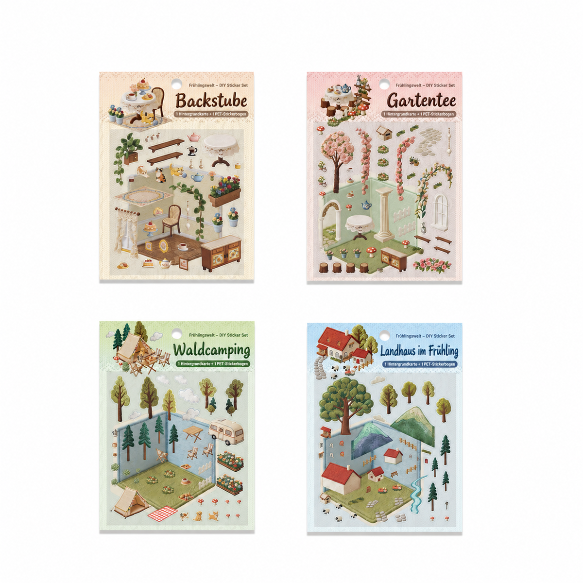 DIY Sticker Set in Stickerei-Optik, selbstklebende PET Aufkleber mit Hintergrundkarte, Miniatur-Szene zum Selberkleben nach Bildvorlage, Bastelset für kreative Auszeiten Sticker-Collage mit Frühlings- und Sommermotiven, Geschenk für Bastelfans 11 x 12 cm