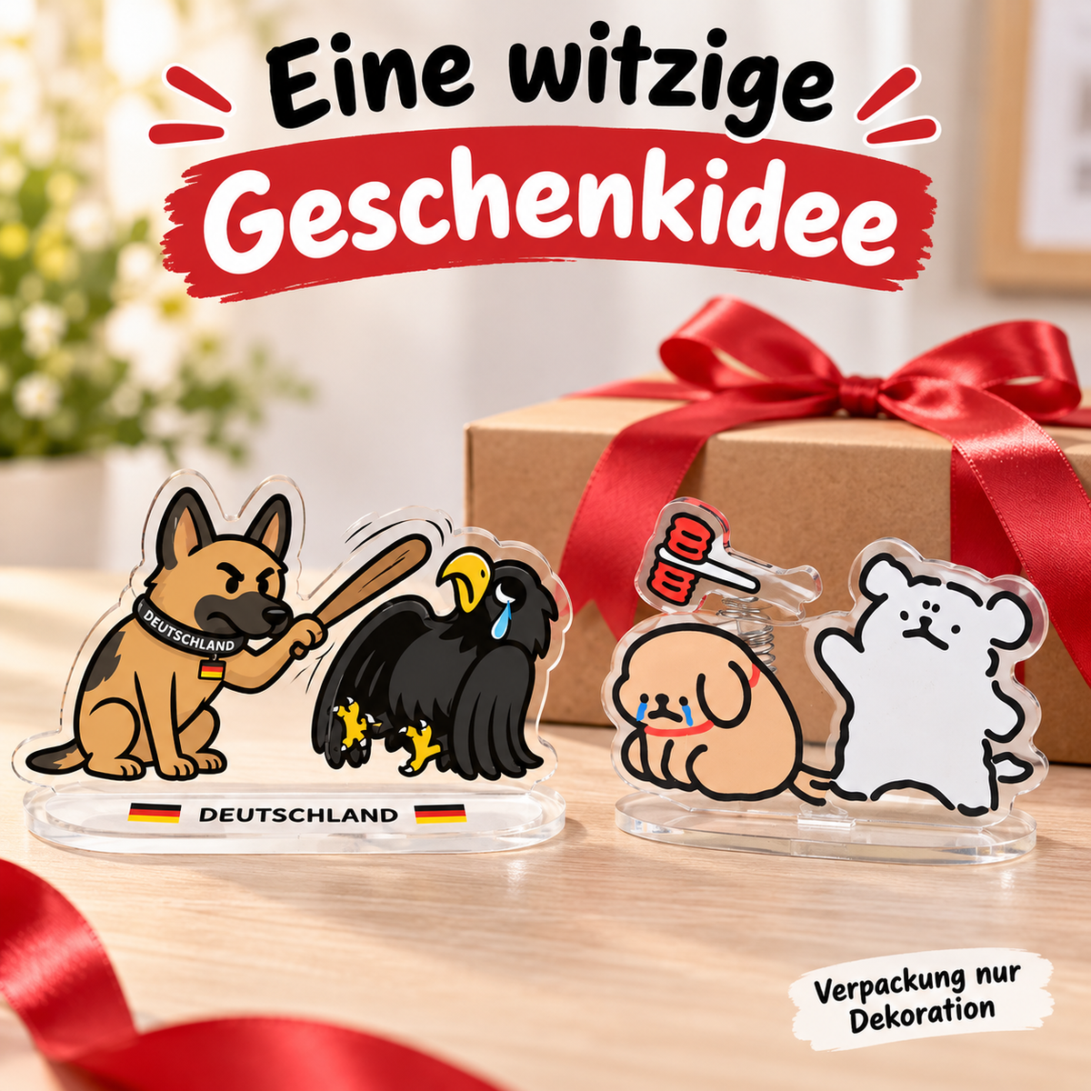Lustige Wipp-Deko mit Feder-Effekt – Mini-Aufsteller für den Schreibtisch, Schäferhund & Adler oder Bär & Hund, ca. 7,5 × 3,5 cm