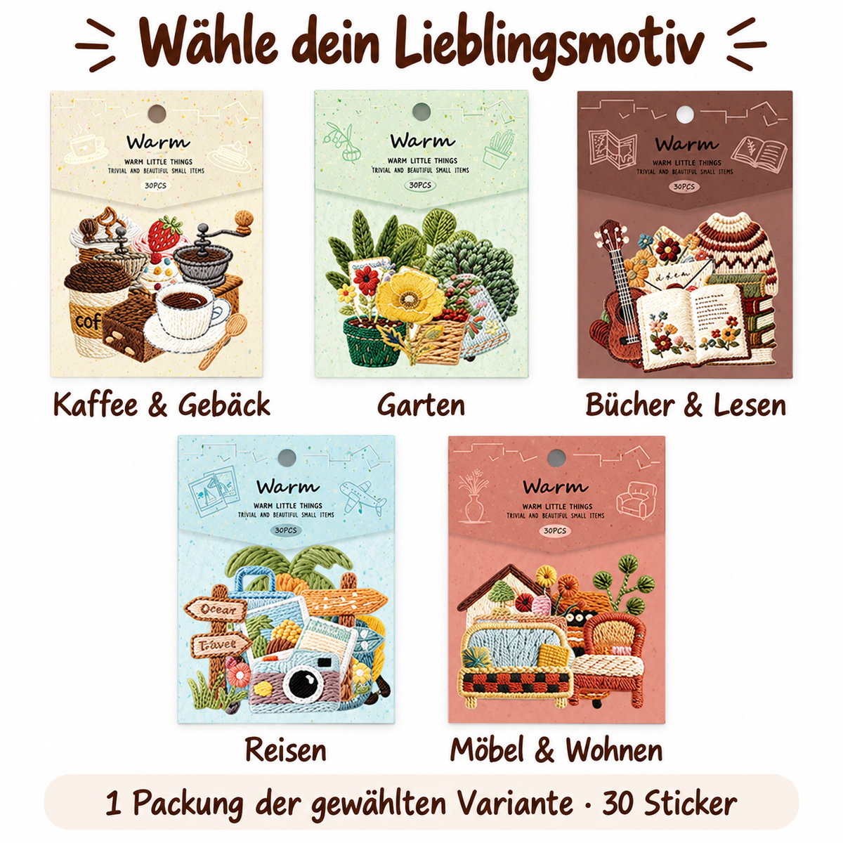 30 Deko-Sticker in Stickerei-Optik, Scrapbooking Aufkleber für Bullet Journal, Tagebuch, Planer und DIY-Collagen – Garten, Bücher, Kaffee, Reisen oder Möbel