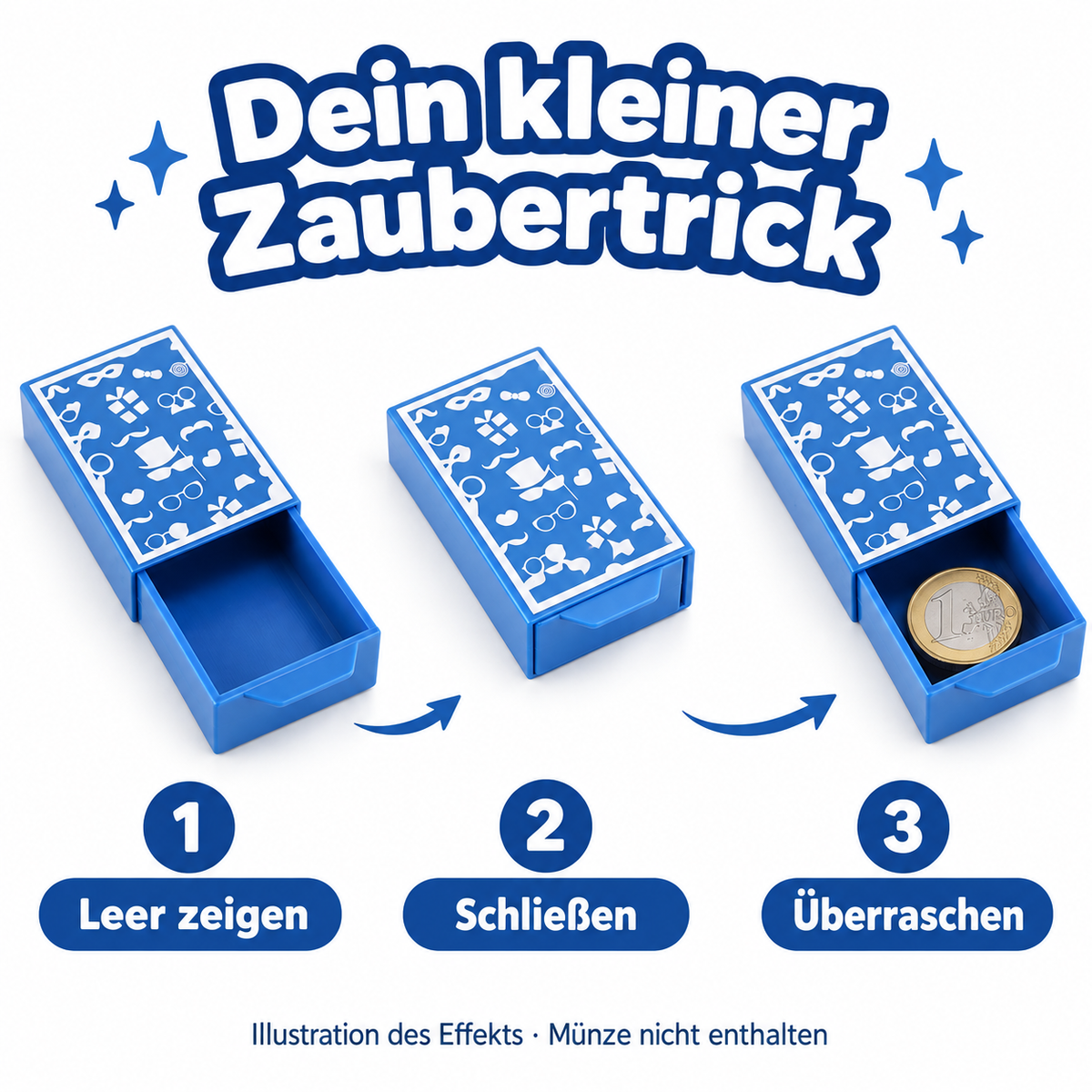 Zauberbox – Magische Schubladenbox für Erscheinungs- und Verschwindetricks, Magic Drawer Box, blaues Zauberzubehör mit weißen Motiven