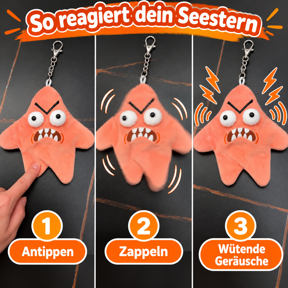 Wütender Seestern Plüsch-Anhänger mit Bewegung und Sound – Angry Starfish, interaktives Zappel-Spielzeug, lustiger Scherzartikel in Orange-Rosa