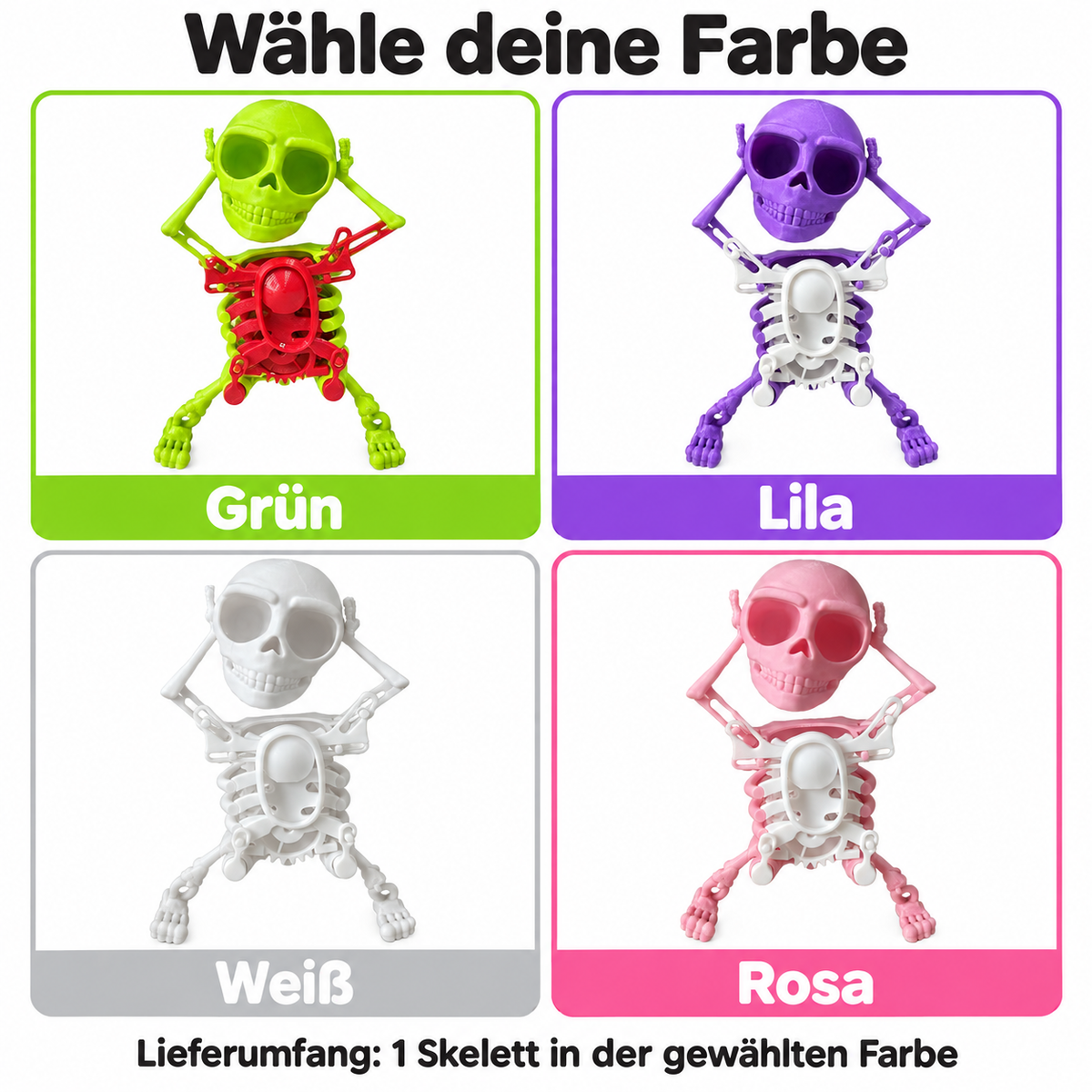 Tanzendes Skelett zum Aufziehen – Dancing Skeleton, lustige Wackelfigur, Halloween-Deko und Schreibtisch-Gadget, Grün, Lila, Weiß oder Rosa
