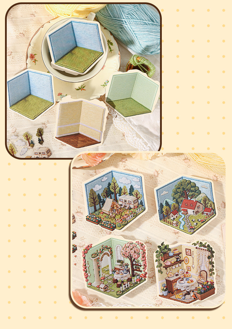 DIY Sticker Set in Stickerei-Optik, selbstklebende PET Aufkleber mit Hintergrundkarte, Miniatur-Szene zum Selberkleben nach Bildvorlage, Bastelset für kreative Auszeiten Sticker-Collage mit Frühlings- und Sommermotiven, Geschenk für Bastelfans 11 x 12 cm