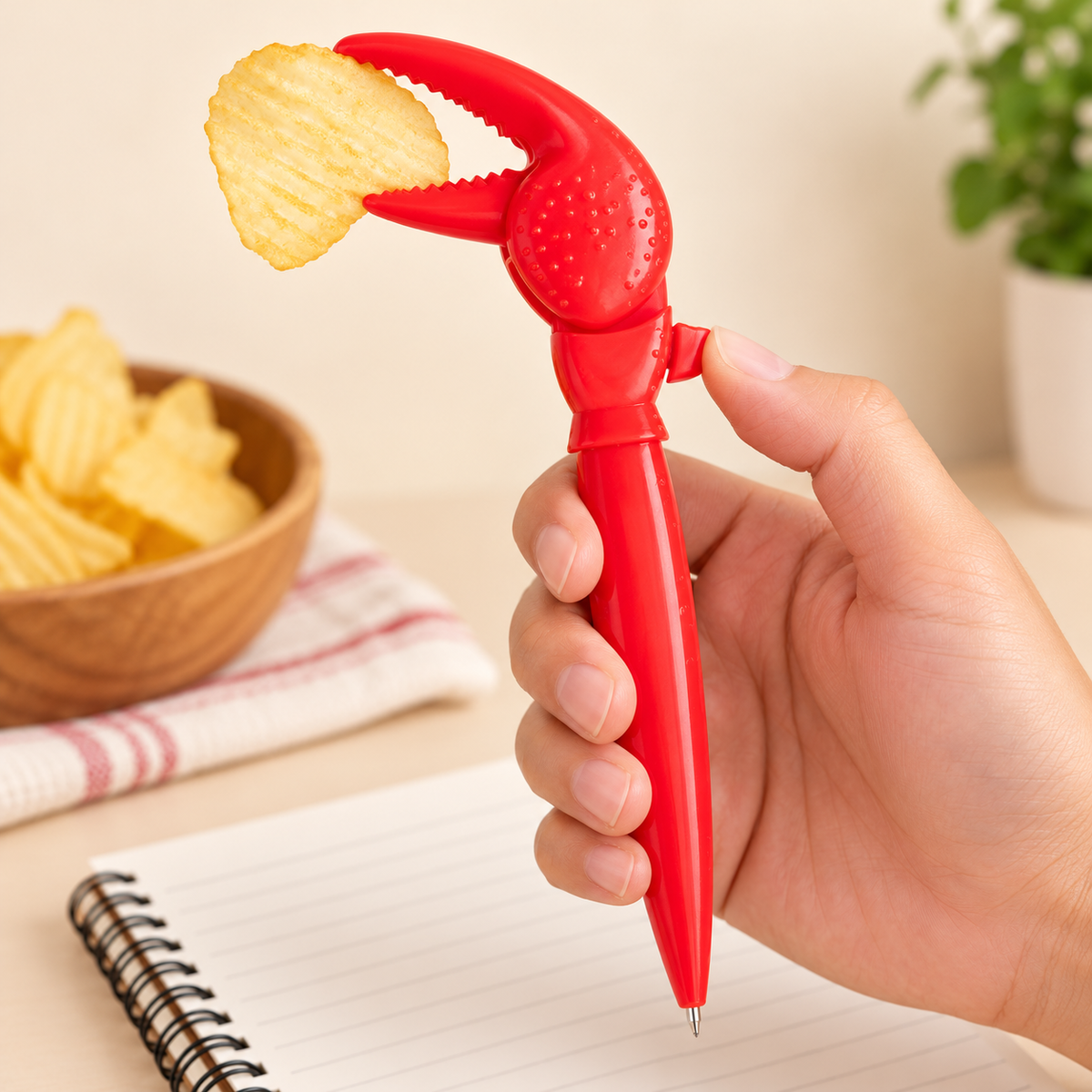 Kugelschreiber mit beweglicher Krabbenschere, rot – Stift mit Snack-Greifer für Chips und kleine Knabbereien, Schere per Knopfdruck schließen und beim Loslassen öffnen, lustige Schreibwaren für Büro, Homeoffice und Uni, Geschenkidee für Schreibtisch-Fans