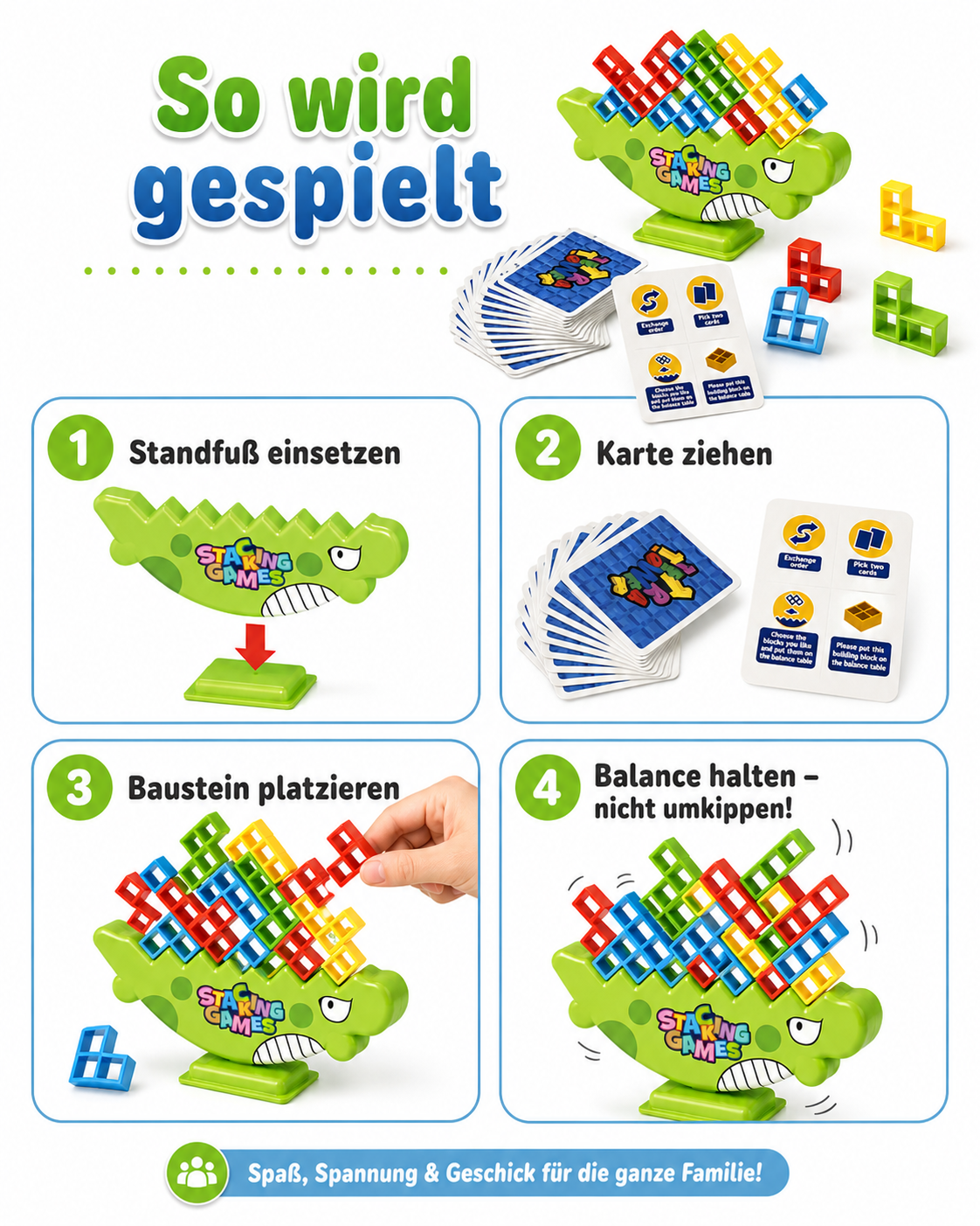 Balance-Spiel mit 64 Bausteinen für Kinder ab 3 Jahren – Stapelspiel mit Aktionskarten