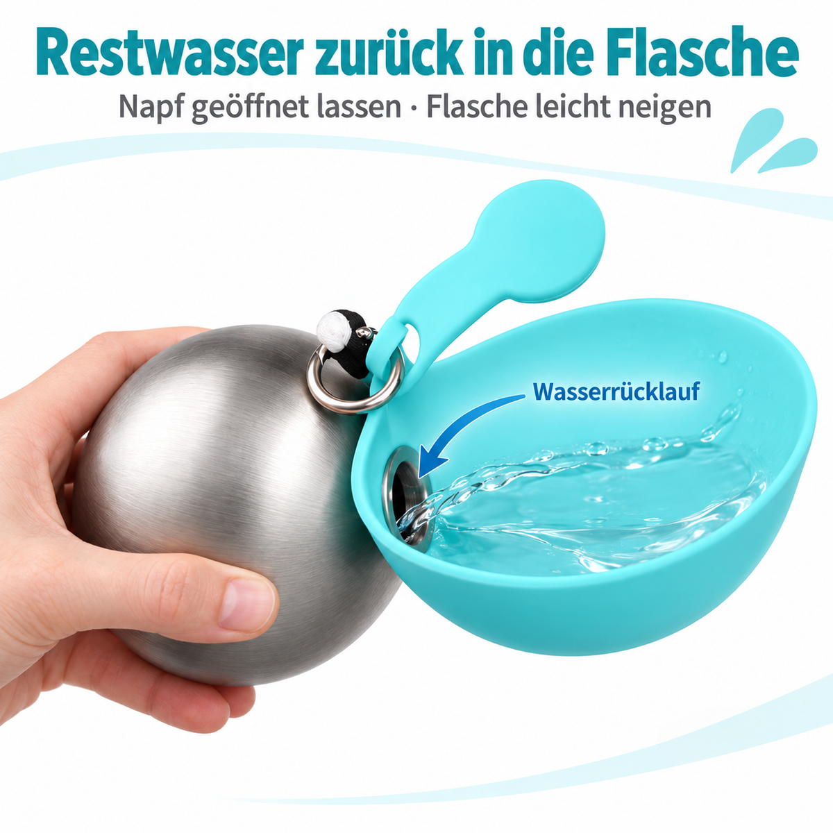 Trinkflasche für Hunde mit klappbarem Silikonnapf – Edelstahl, Wasserrücklauf & Trageschlaufe, Blau oder Rosa