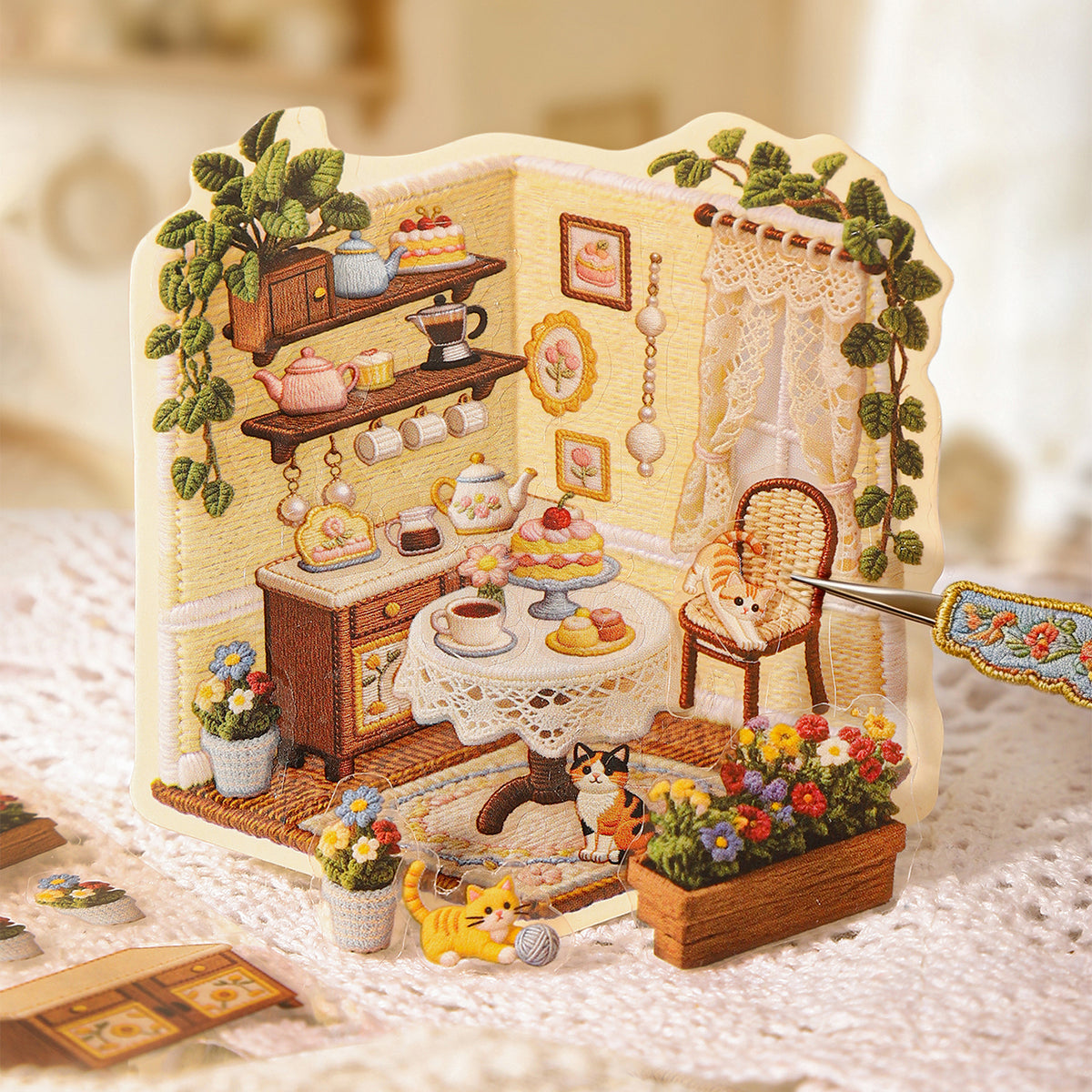 DIY Sticker Set in Stickerei-Optik, selbstklebende PET Aufkleber mit Hintergrundkarte, Miniatur-Szene zum Selberkleben nach Bildvorlage, Bastelset für kreative Auszeiten Sticker-Collage mit Frühlings- und Sommermotiven, Geschenk für Bastelfans 11 x 12 cm