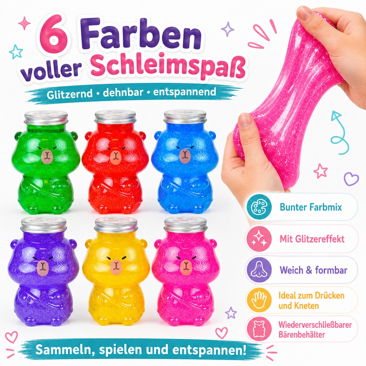 Glitzer Slime im Bärenbehälter – Dehnbarer Schleim mit Glitzereffekt, 6 Farben, Knet- & Ziehspaß