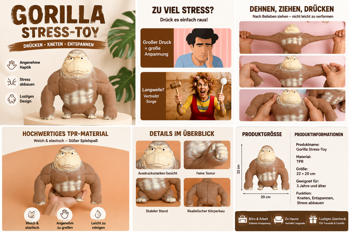 Gorilla Squeeze Toy – Weiches & elastisches Knetspielzeug, lustiges Gorilla-Design, zum Drücken und Ziehen