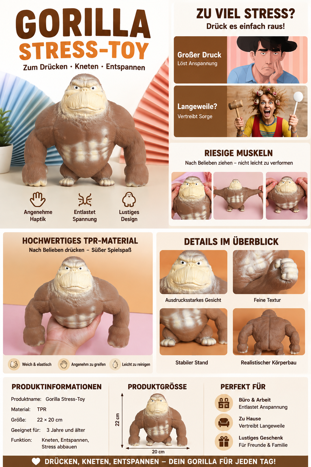 Gorilla Squeeze Toy – Weiches & elastisches Knetspielzeug, lustiges Gorilla-Design, zum Drücken und Ziehen