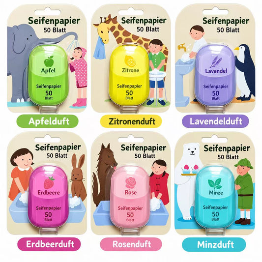 Tragbare Seifenblätter – 50 Stück Papierseife in Mini-Box | Handseife für Reisen und unterwegs | 7 Farben & Düfte