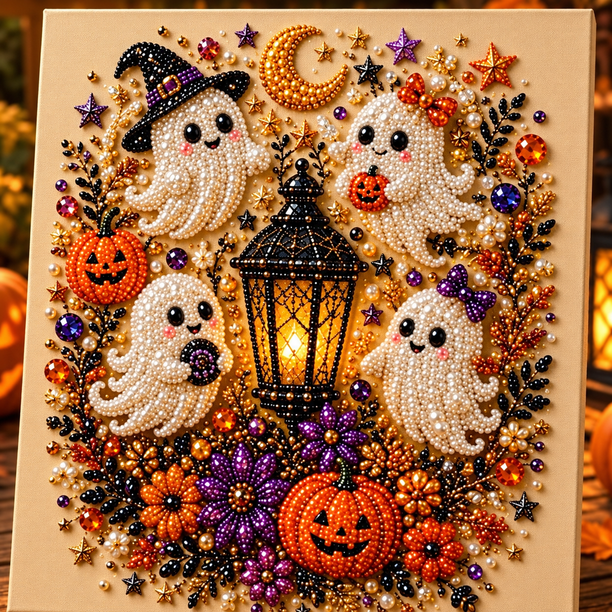 Halloween Diamond Painting DIY-Set 25 × 25 cm – Glitzernde Fensterdeko oder Leinwandbild mit Hexe, Kürbis, Katze & Geist